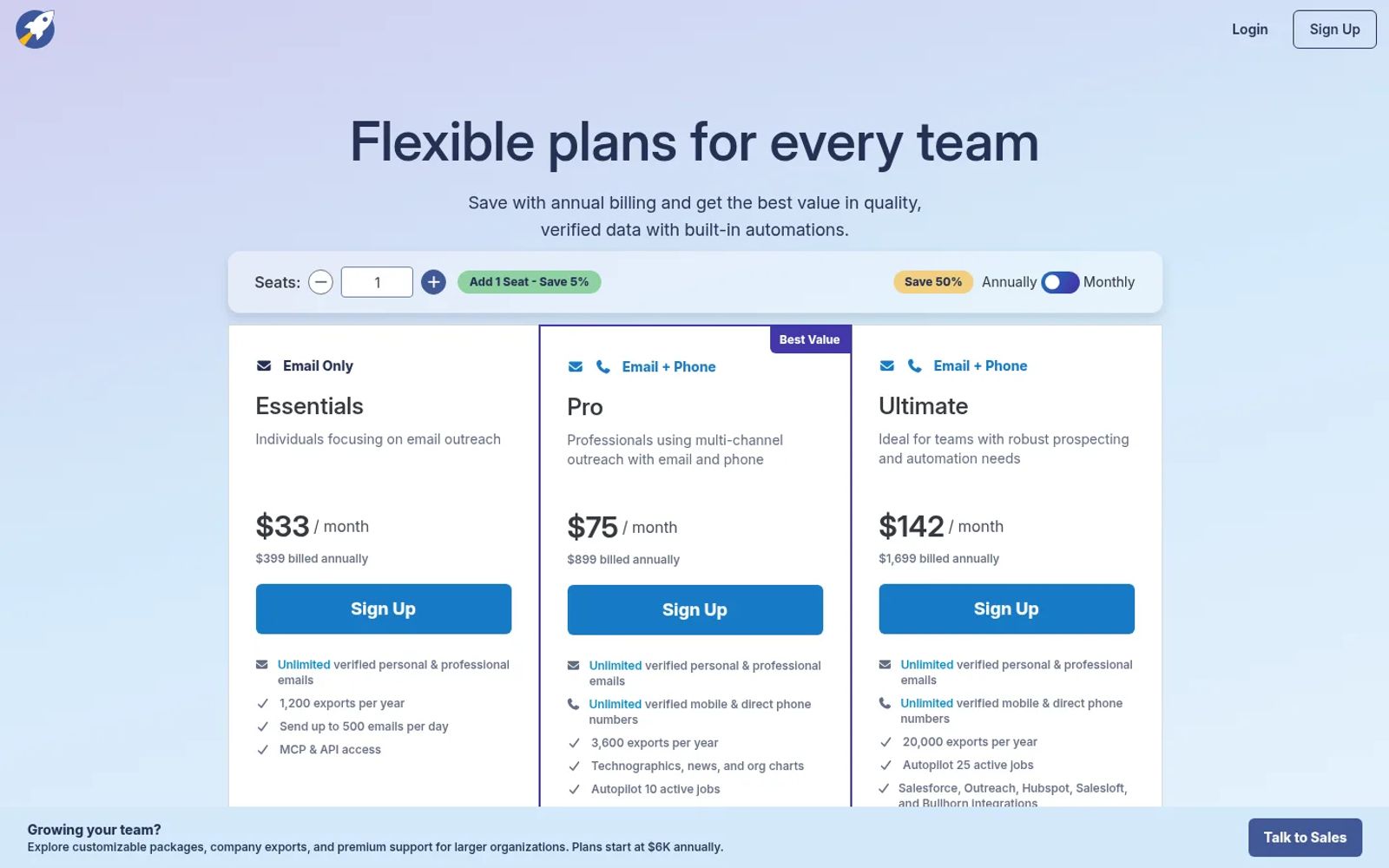 RocketReach pricing plans on annual billing, with Essentials at $33, Pro at $75 and Ultimate at $142 a month and yearly export limits