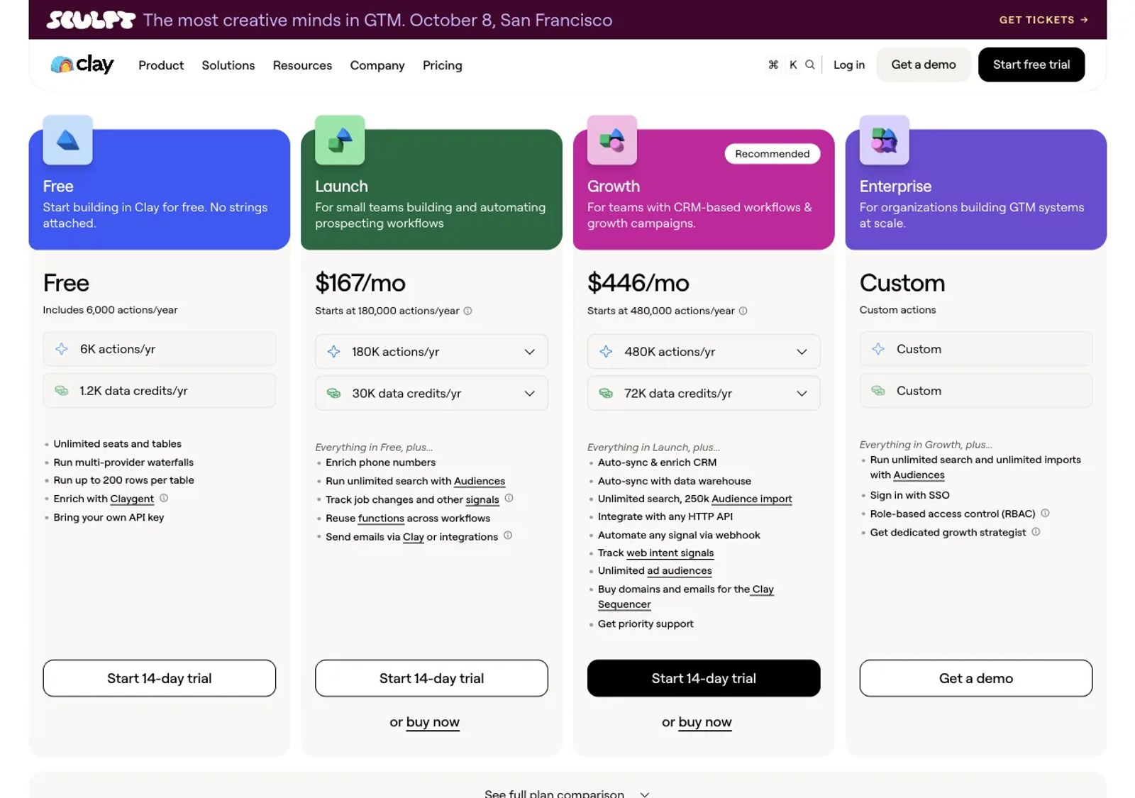 Clay pricing page showing the Free plan, Launch at $167 a month, Growth at $446 a month and a custom Enterprise plan, each with actions and data credits per year.