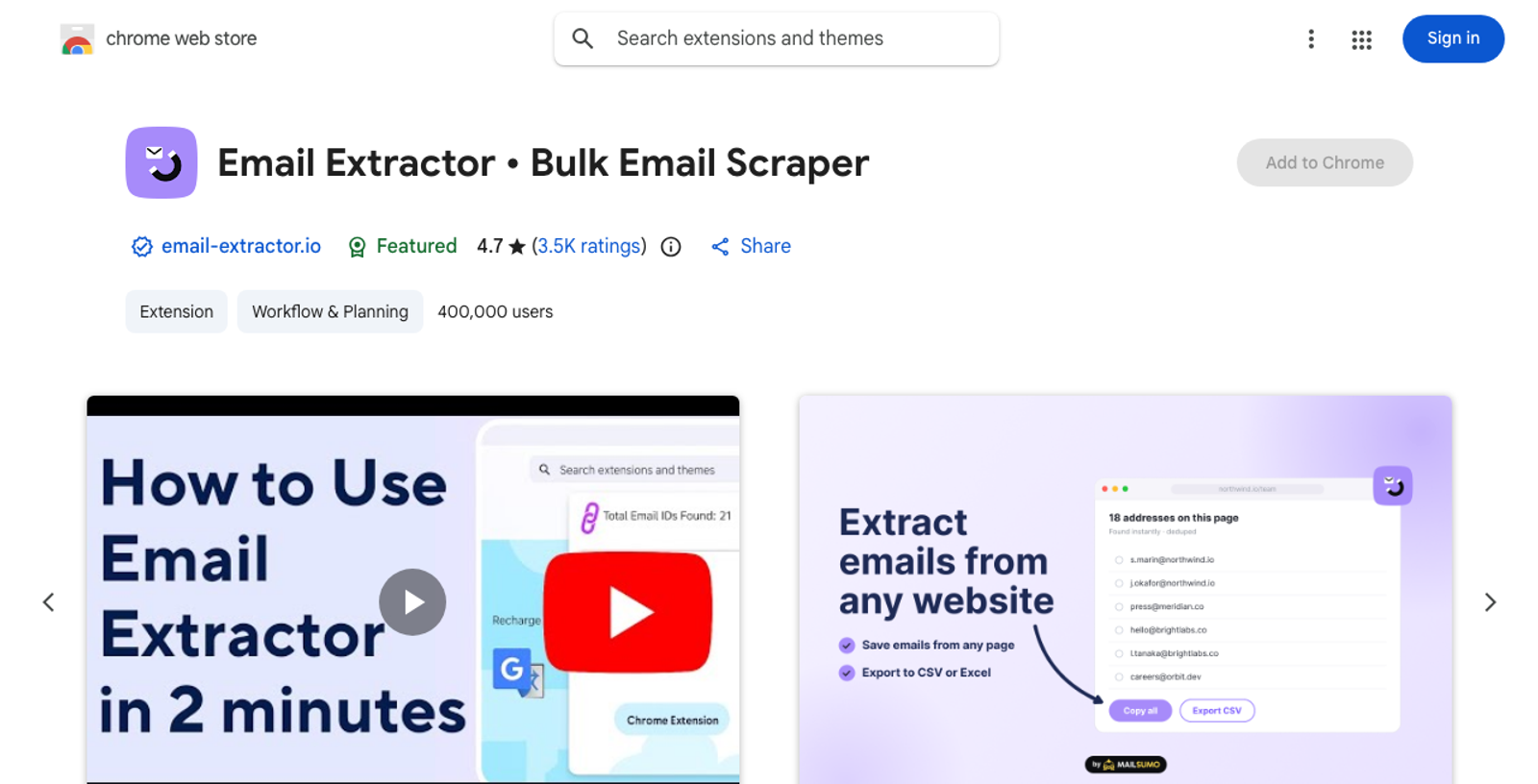 Email Extractor's Chrome Web Store listing, screenshot captured 24 September 2026.