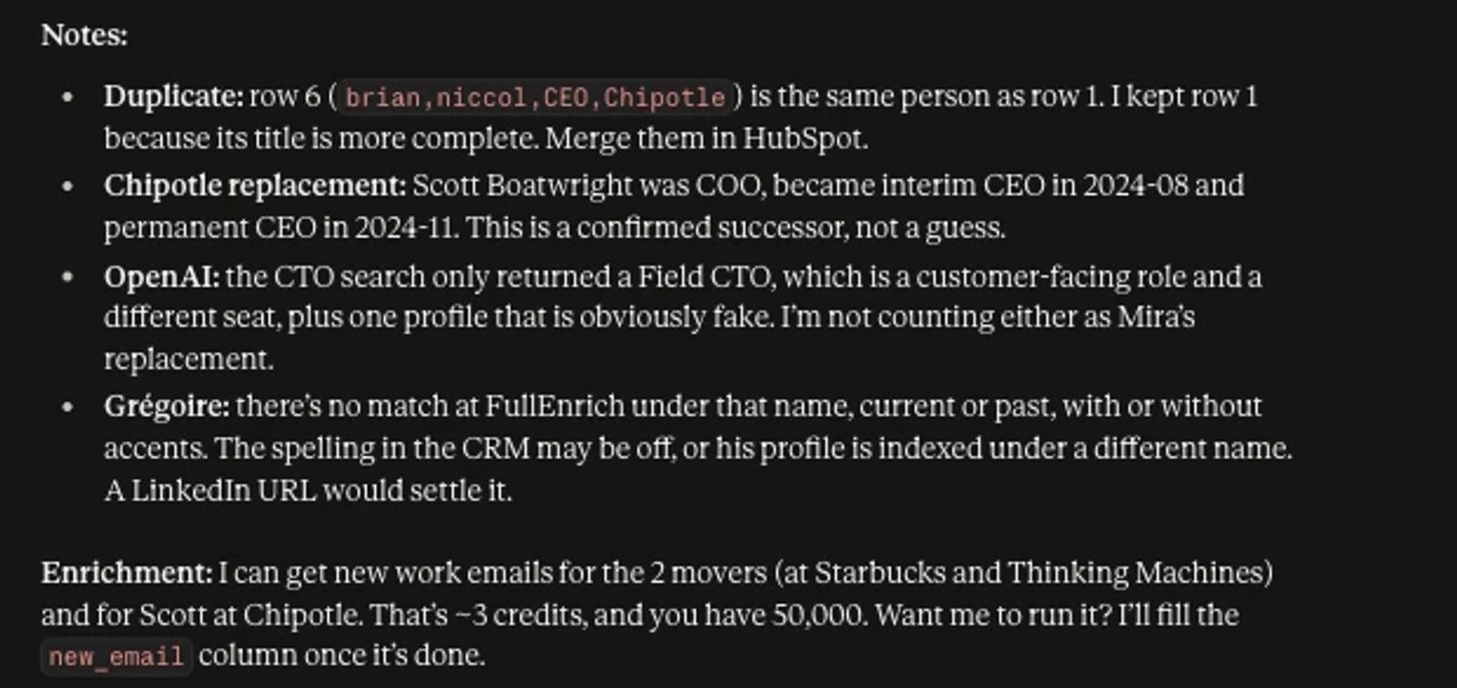 Claude's CRM Refresh notes offering to enrich new work emails for about 3 credits, waiting for approval.