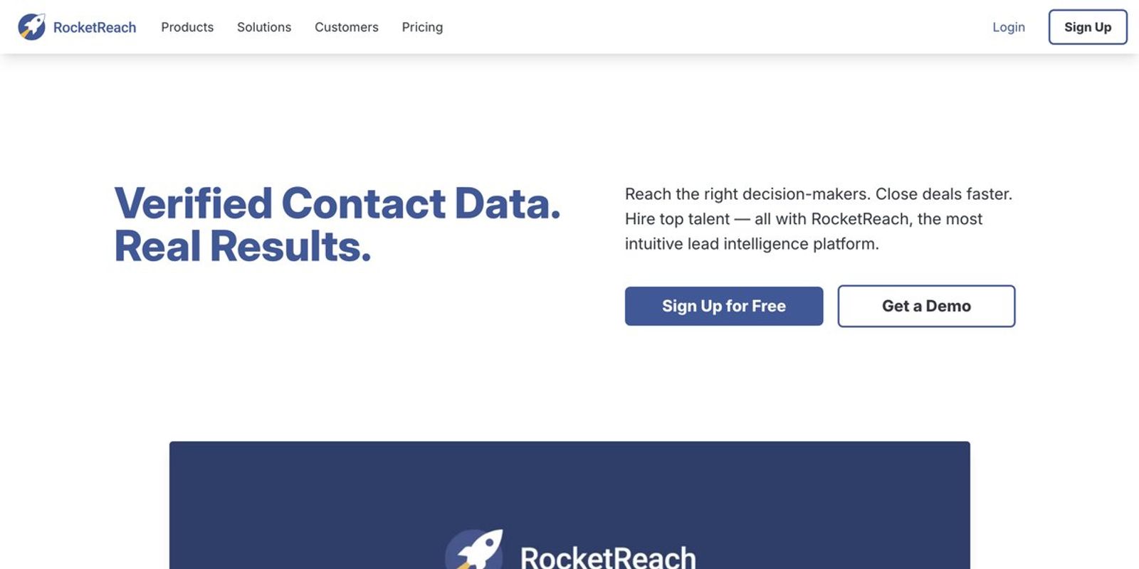 RocketReach's home page headline reads Verified Contact Data, Real Results, with Sign Up for Free and Get a Demo buttons beside it.