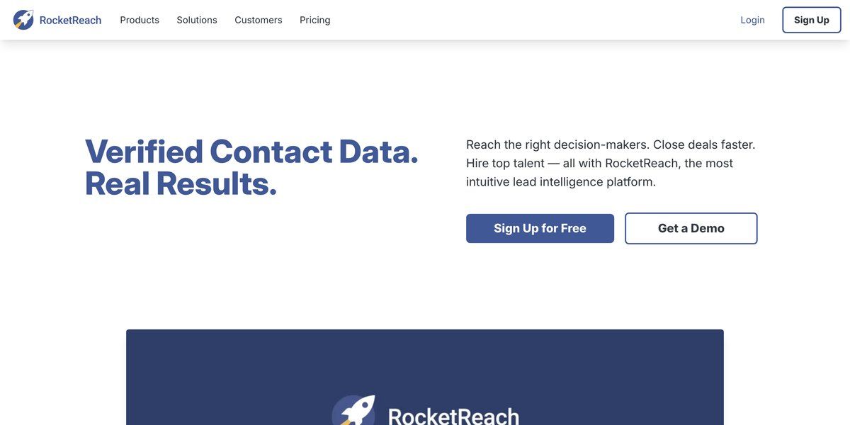 RocketReach's home page headline reads Verified Contact Data, Real Results, with Sign Up for Free and Get a Demo buttons beside it.