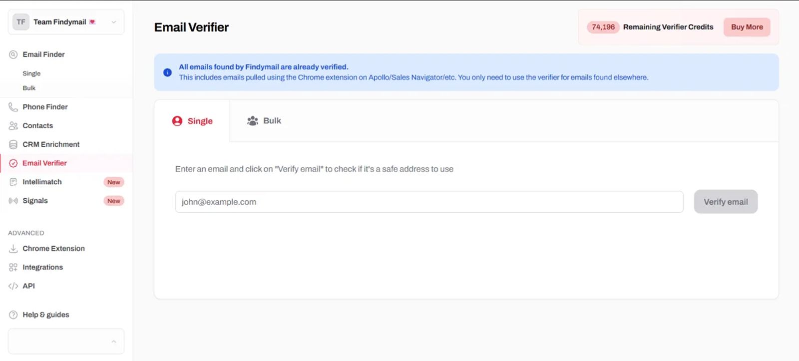 Findymail's Email Verifier screen with single and bulk checks, as shown on its G2 listing.