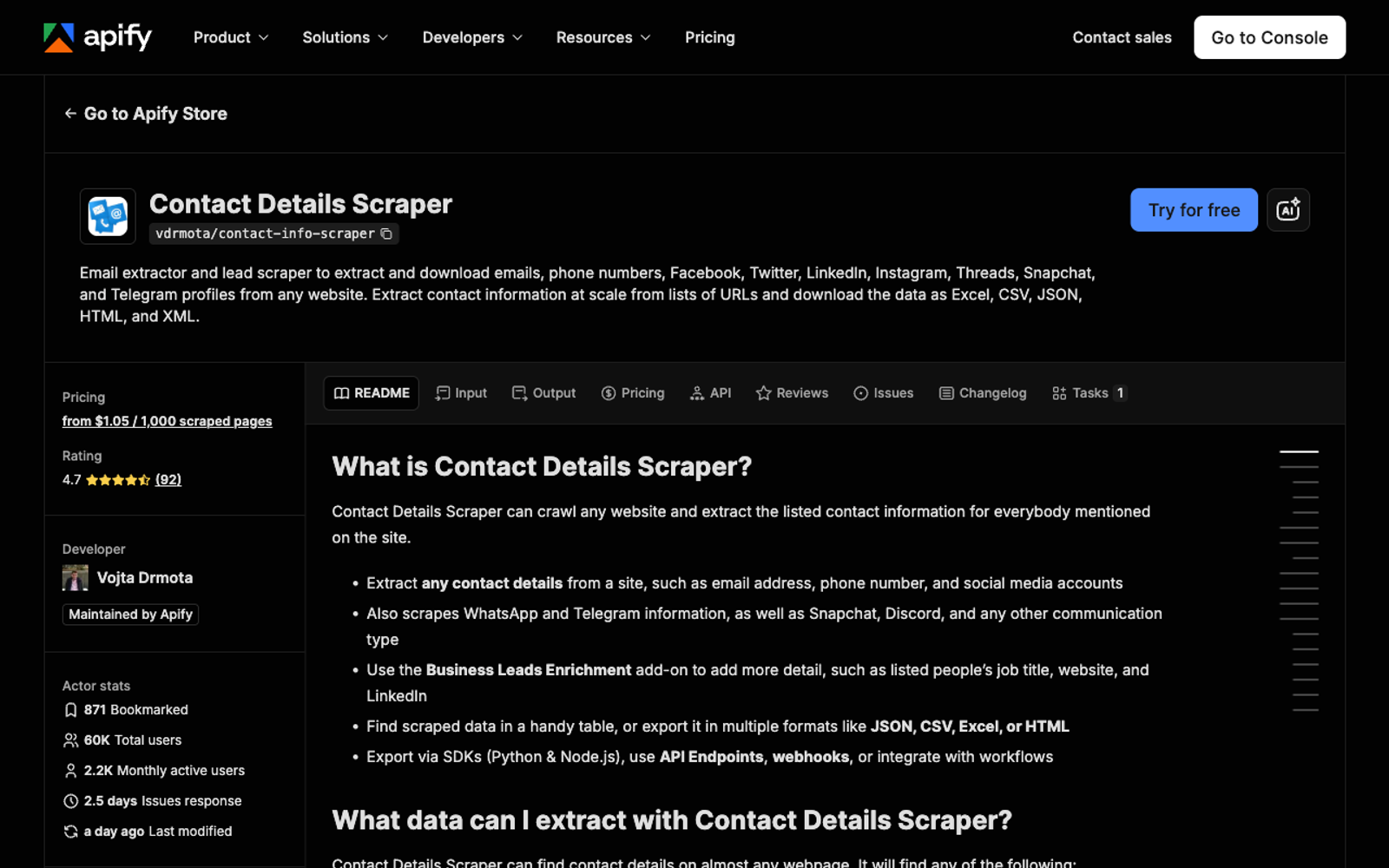 Apify's Contact Details Scraper page, screenshot captured 24 September 2026.