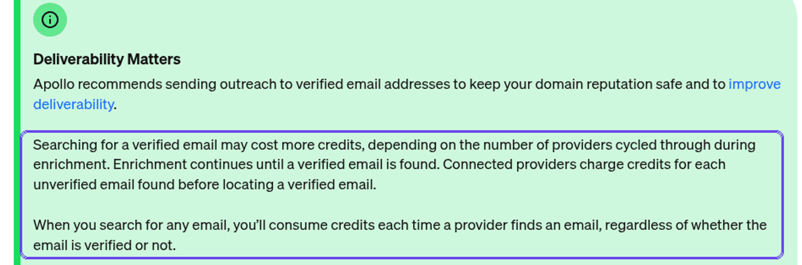 Apollo's Deliverability Matters help panel stating providers charge credits for each unverified email found and that any found email consumes credits verified or not