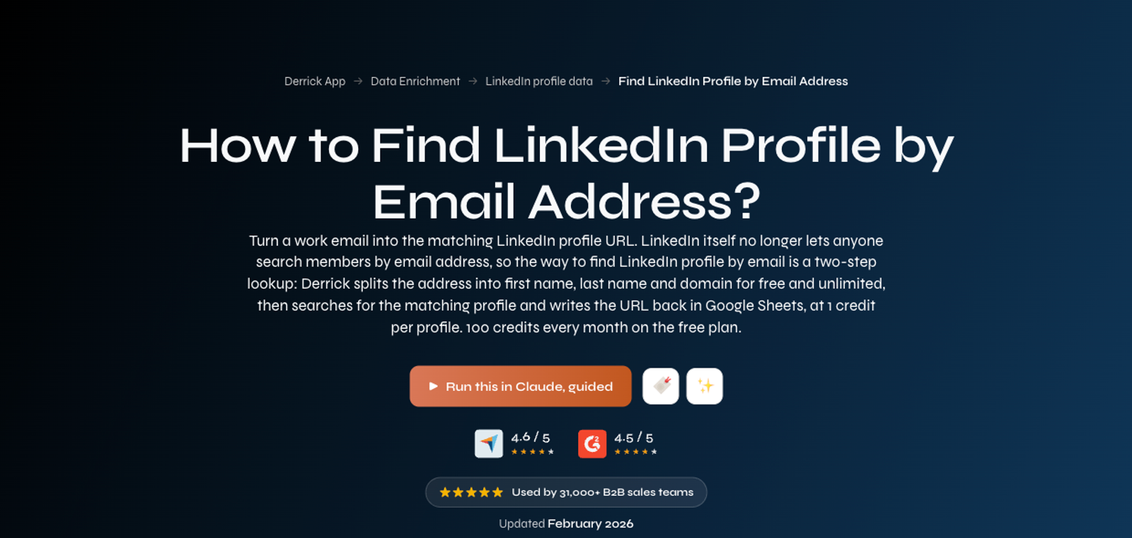 Derrick App's page titled How to Find LinkedIn Profile by Email Address, explaining that it splits an email into name and domain and writes the profile URL back in Google Sheets.