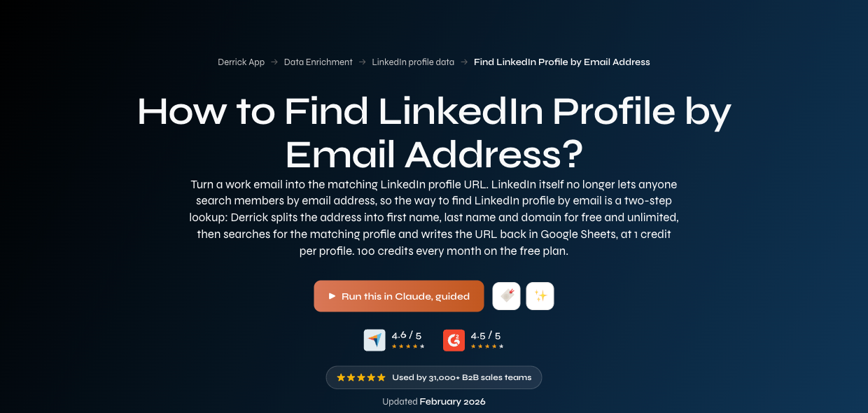 Derrick App's page titled How to Find LinkedIn Profile by Email Address, explaining that it splits an email into name and domain and writes the profile URL back in Google Sheets.