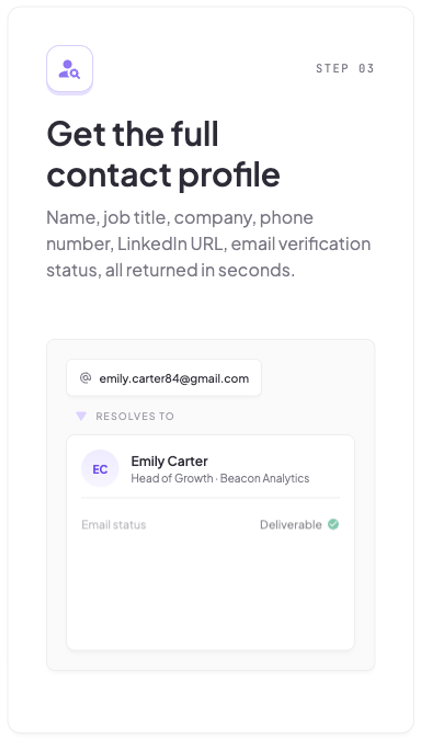 FullEnrich's reverse email lookup page showing a sample Gmail address resolving to a fictional Head of Growth at Beacon Analytics, with a deliverable email status.