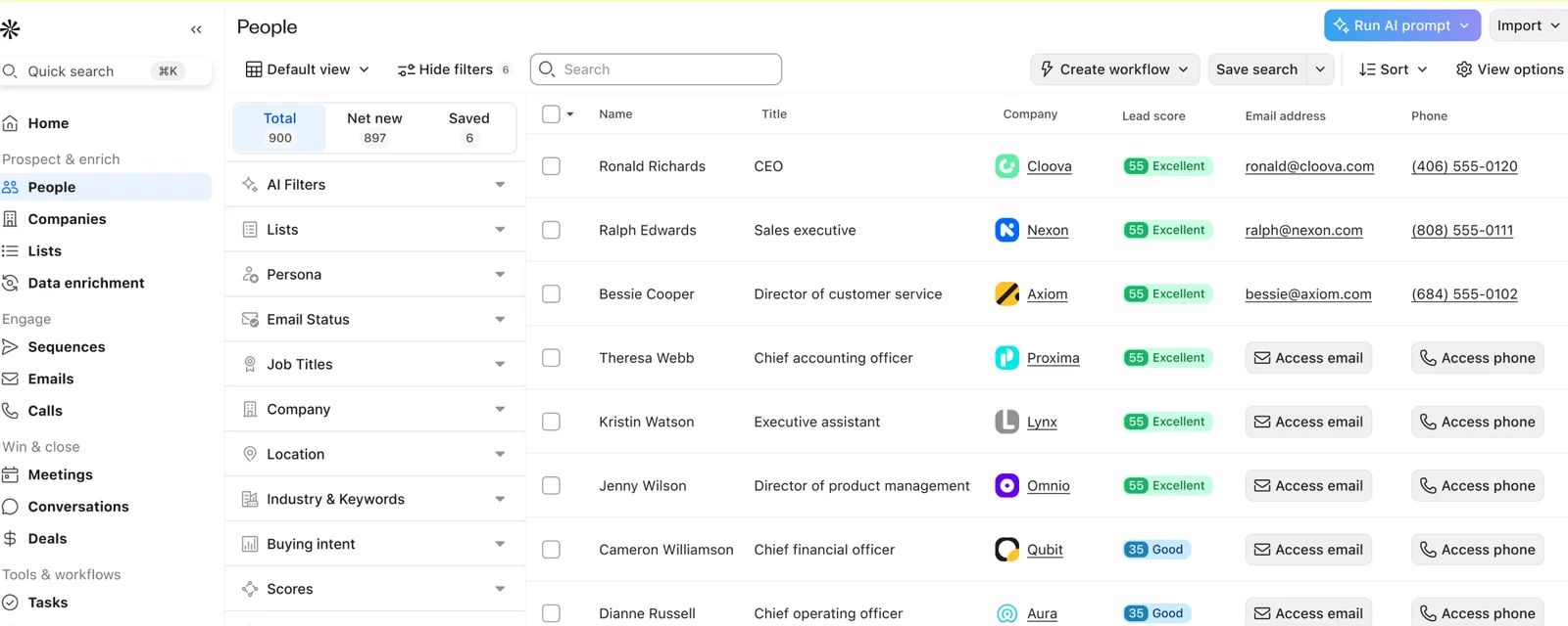 Apollo People search with filters and a prospect list.