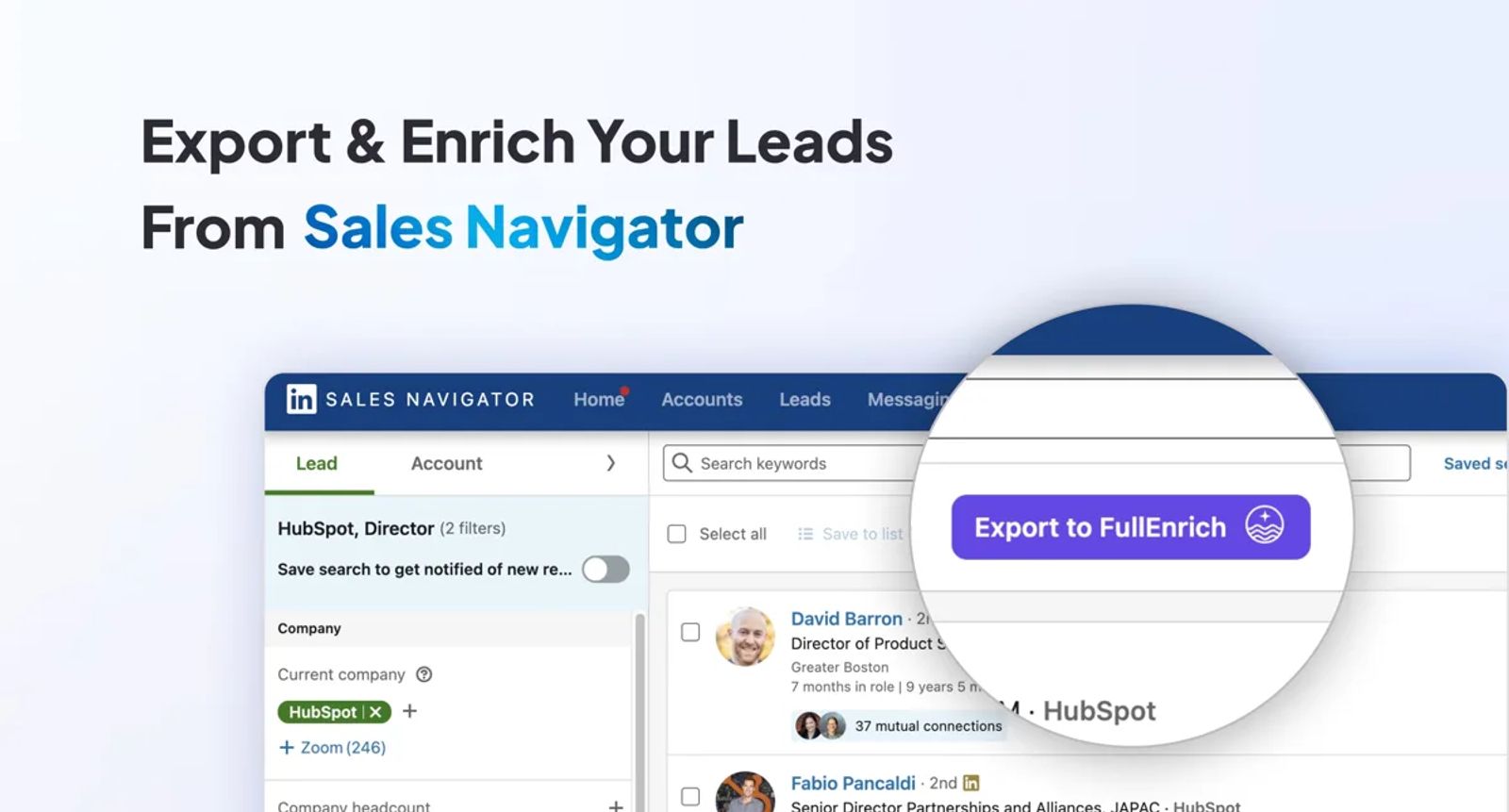 A LinkedIn Sales Navigator search with an Export to FullEnrich button, used to send a lead list to FullEnrich for enrichment.