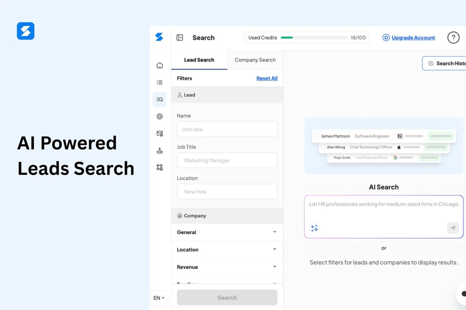 Skrapp's lead search with filters and an AI search box, as shown on its G2 listing.