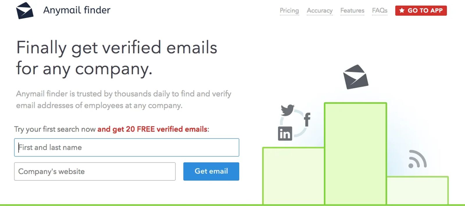 An older Anymail Finder search form asking for a name and a company website, as shown on its G2 listing.
