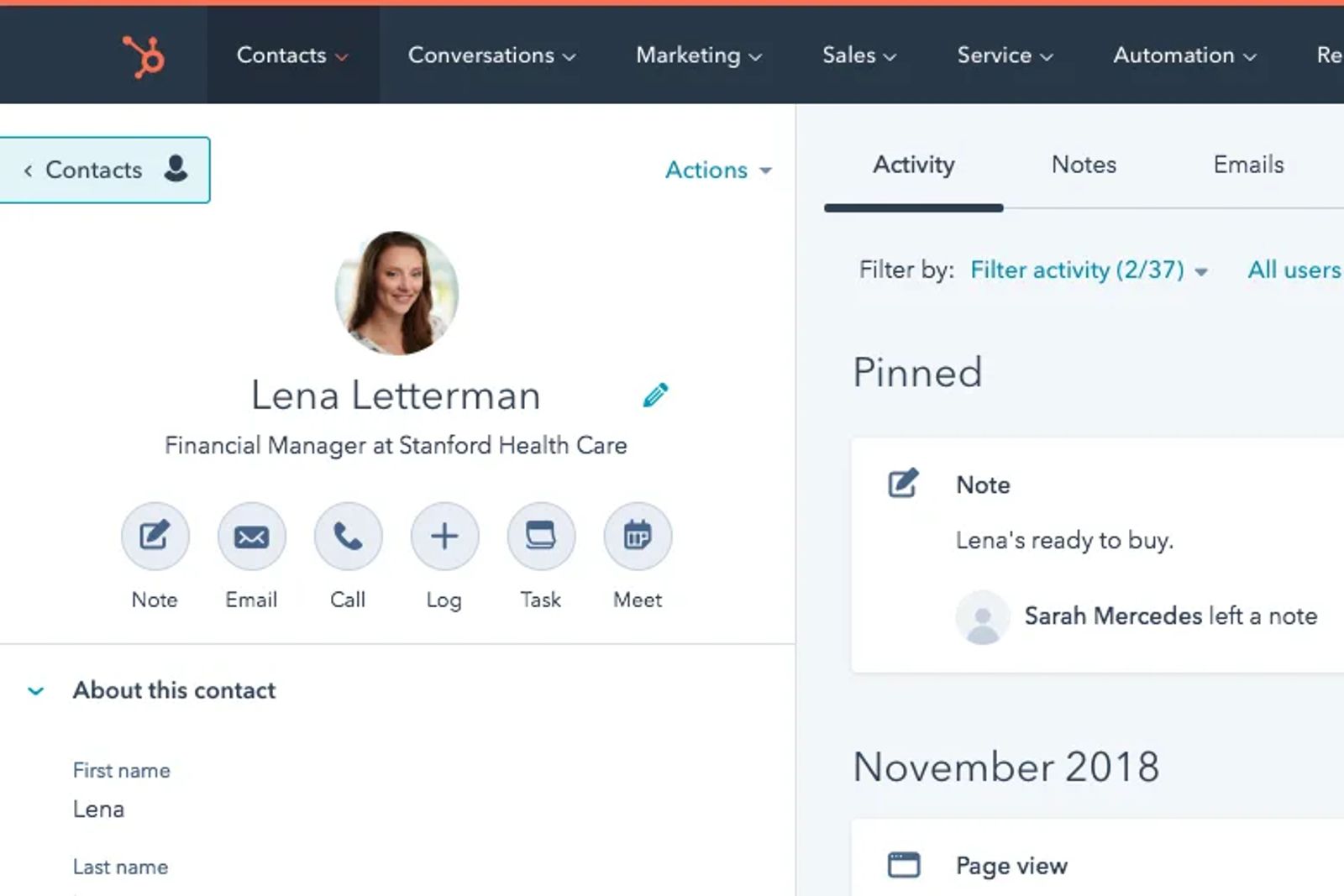 A HubSpot contact record with the contact card, quick actions and activity timeline