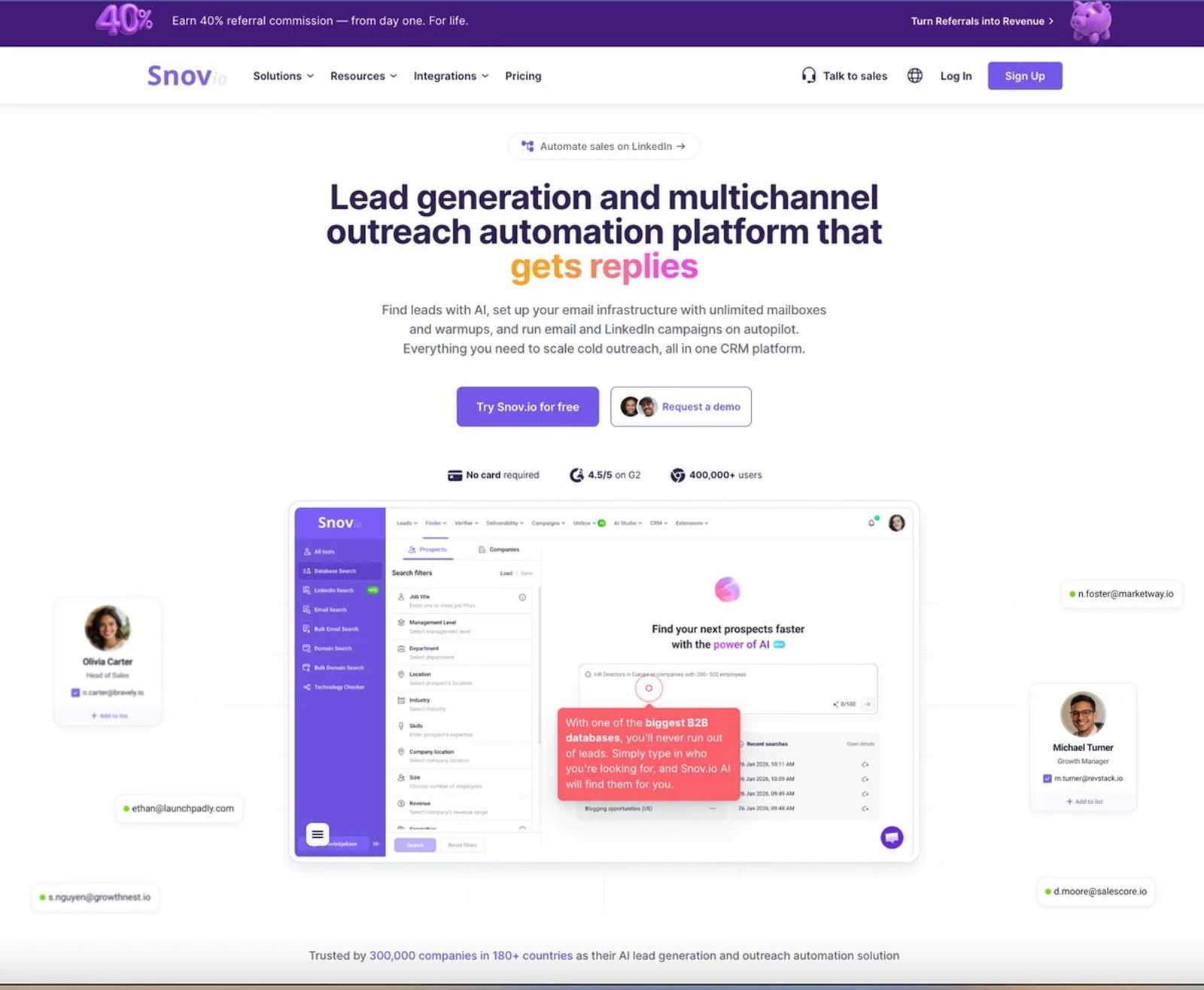 Snov.io's product overview showing lead search and outreach automation, as shown on its G2 listing.