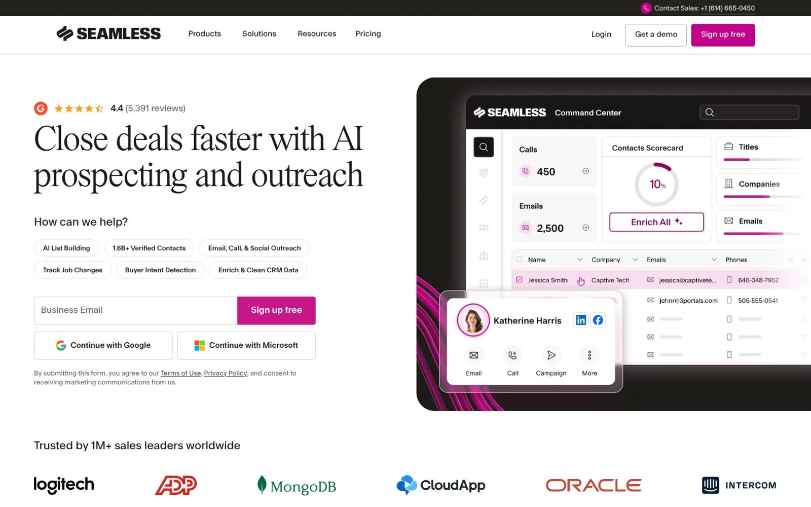 Seamless.AI homepage for its AI prospecting platform, with a Command Center dashboard of call and email counts and an Enrich All button