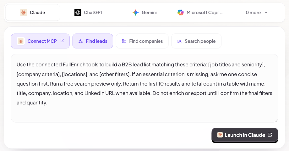 FullEnrich MCP product page example with tabs for Claude, ChatGPT, Gemini and Microsoft Copilot, Connect MCP and Find leads buttons, a sample prospecting prompt and a Launch in Claude button.