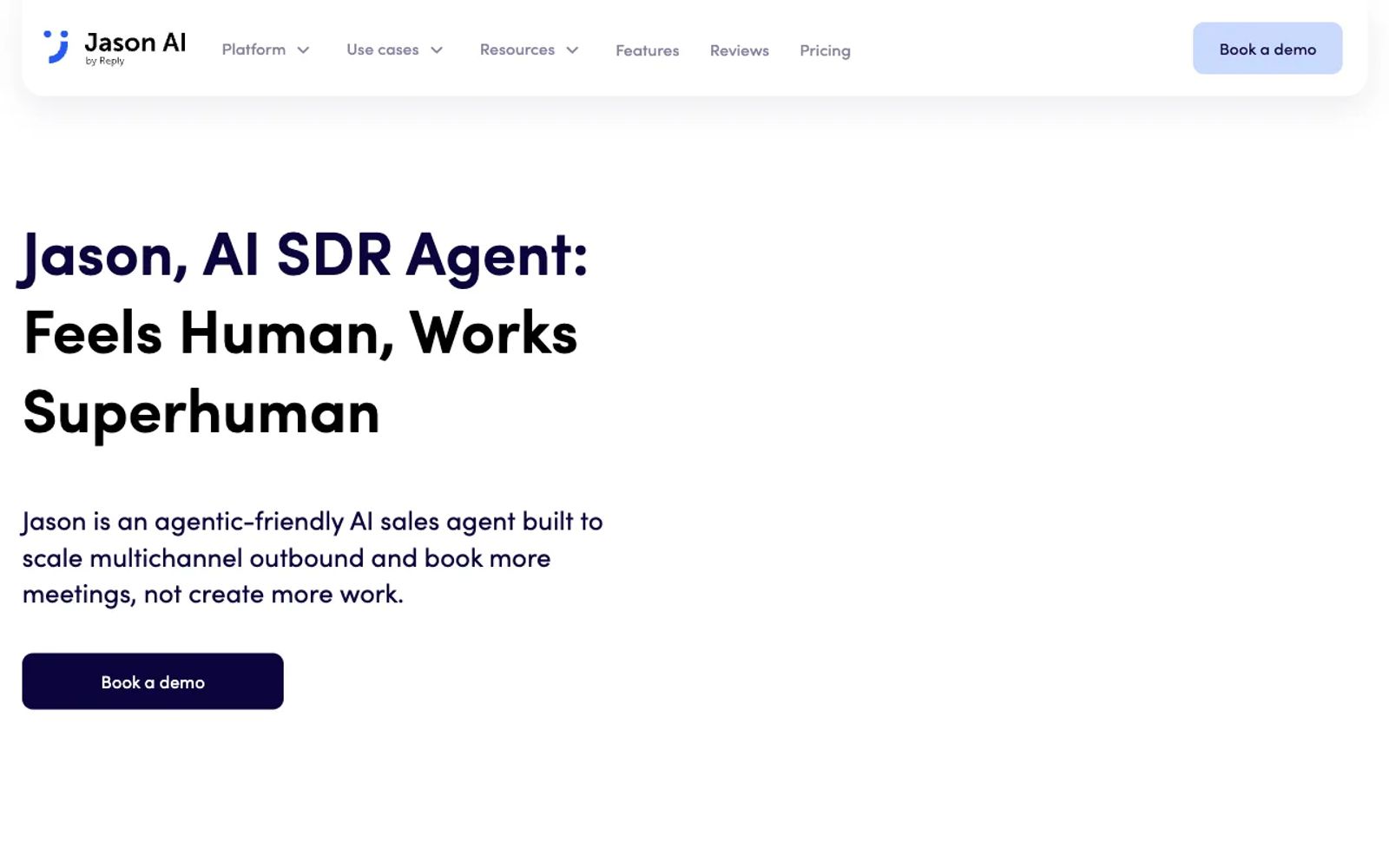 Reply.io's Jason AI page, headlined "Jason, AI SDR Agent: Feels Human, Works Superhuman."