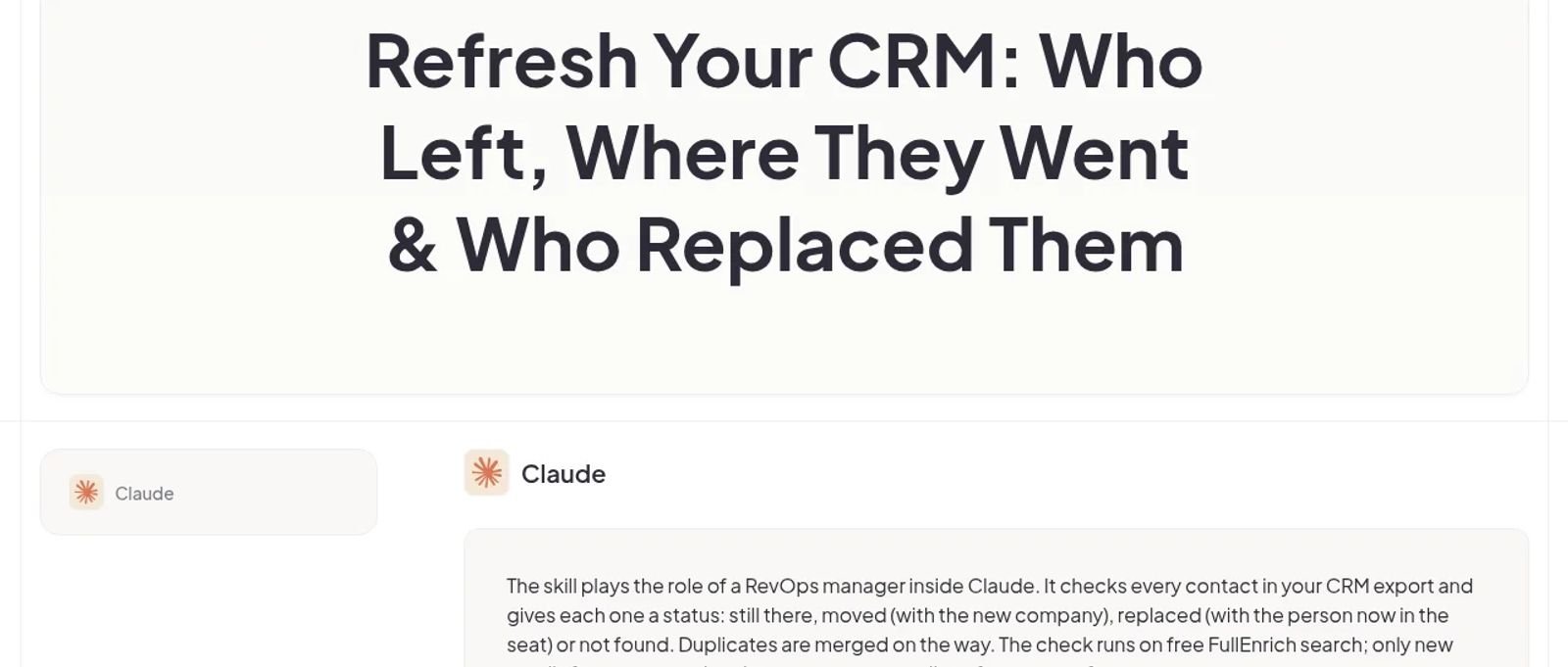 The CRM Refresh template page on FullEnrich, titled Refresh Your CRM: Who Left, Where They Went and Who Replaced Them, with a note that the skill runs inside Claude.