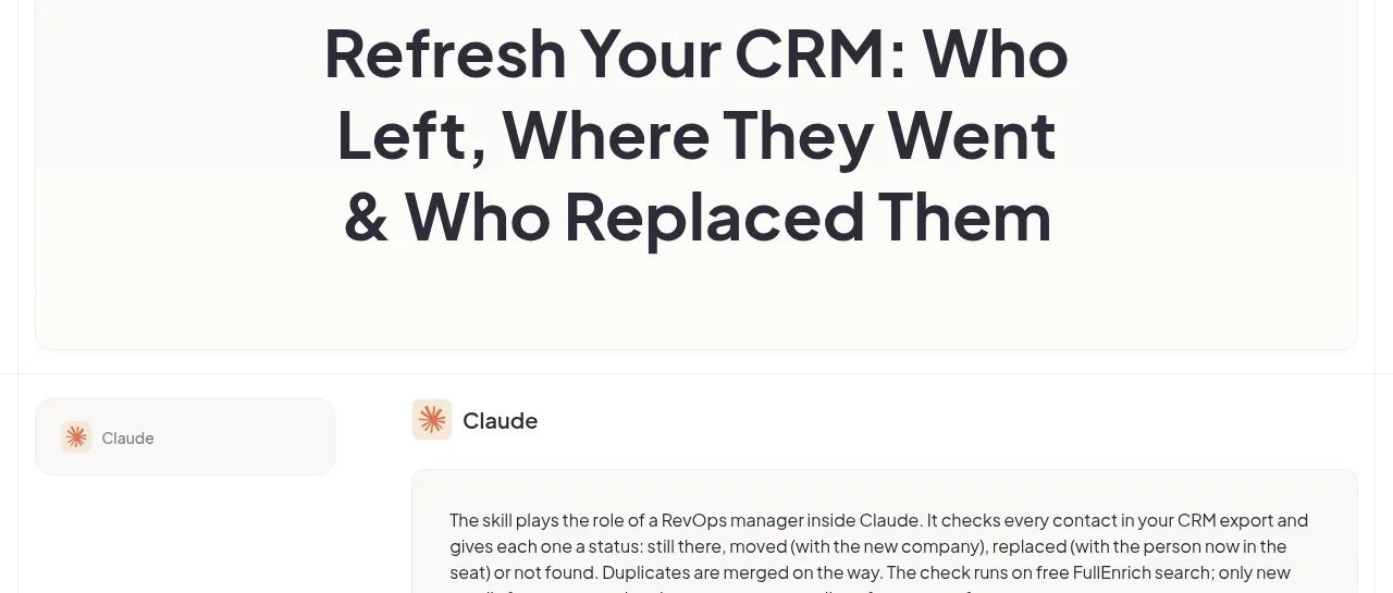 The CRM Refresh template page on FullEnrich, titled Refresh Your CRM: Who Left, Where They Went and Who Replaced Them, with a note that the skill runs inside Claude.