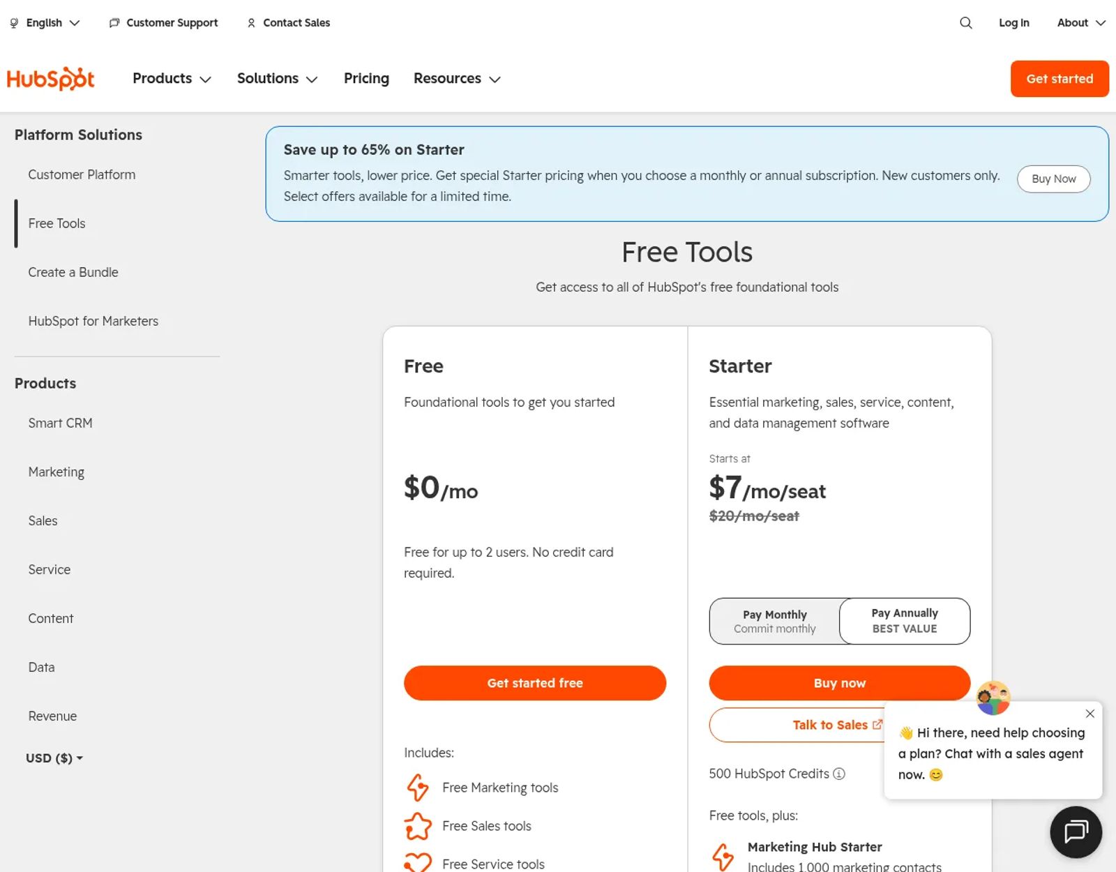HubSpot pricing page with the Free Tools and Starter suite plans