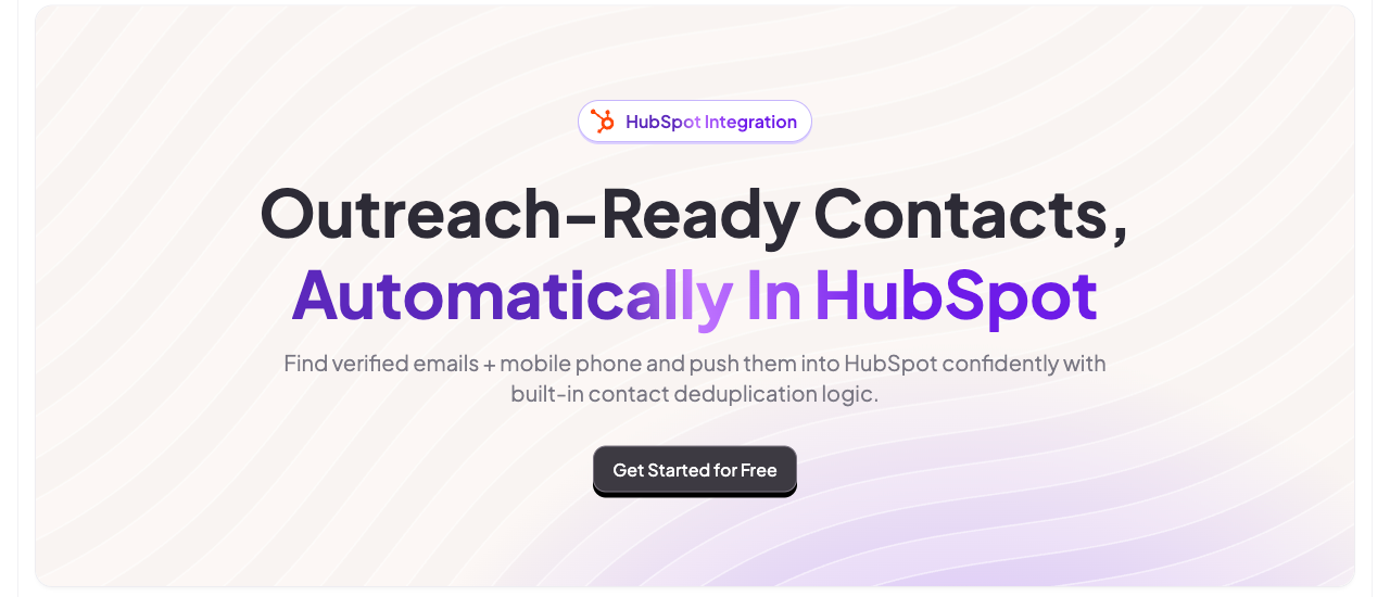 FullEnrich's HubSpot integration page, with a "HubSpot Integration" badge, the headline "Outreach-Ready Contacts, Automatically In HubSpot", and a subhead about verified emails and mobile phones plus built-in contact deduplication logic.