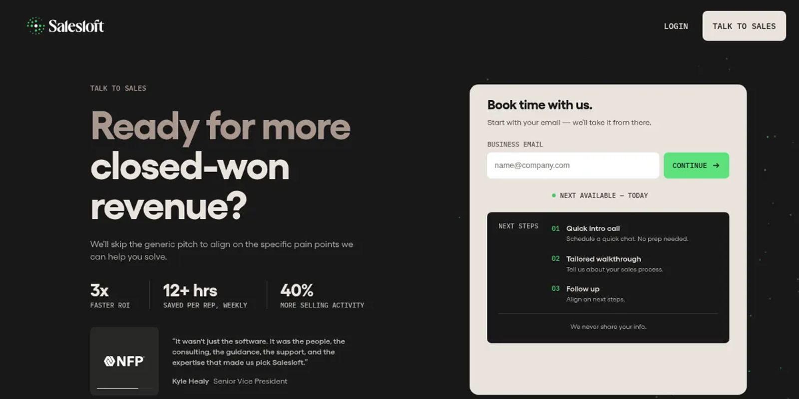 Salesloft's pricing page with a Book time with us form and no public prices.