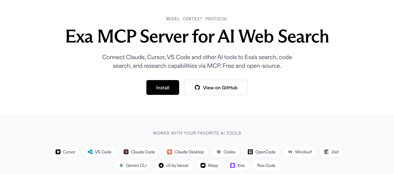Exa MCP product page hero reading Exa MCP Server for AI Web Search, with Install and View on GitHub buttons and a row of supported AI tools.