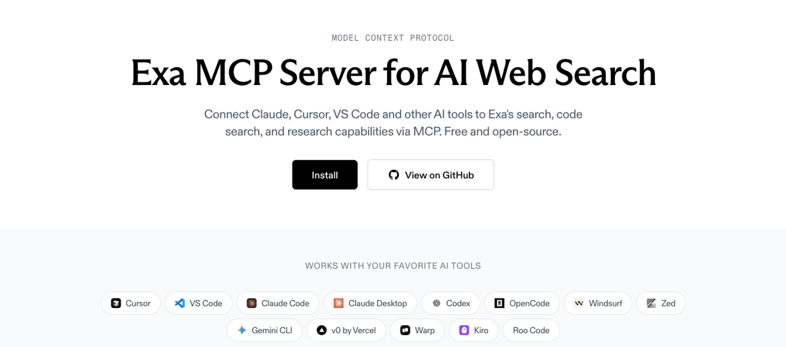 Exa MCP product page hero reading Exa MCP Server for AI Web Search, with Install and View on GitHub buttons and a row of supported AI tools.