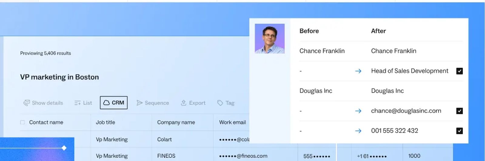 Lusha enrichment card showing a contact before and after enrichment, with export to the CRM