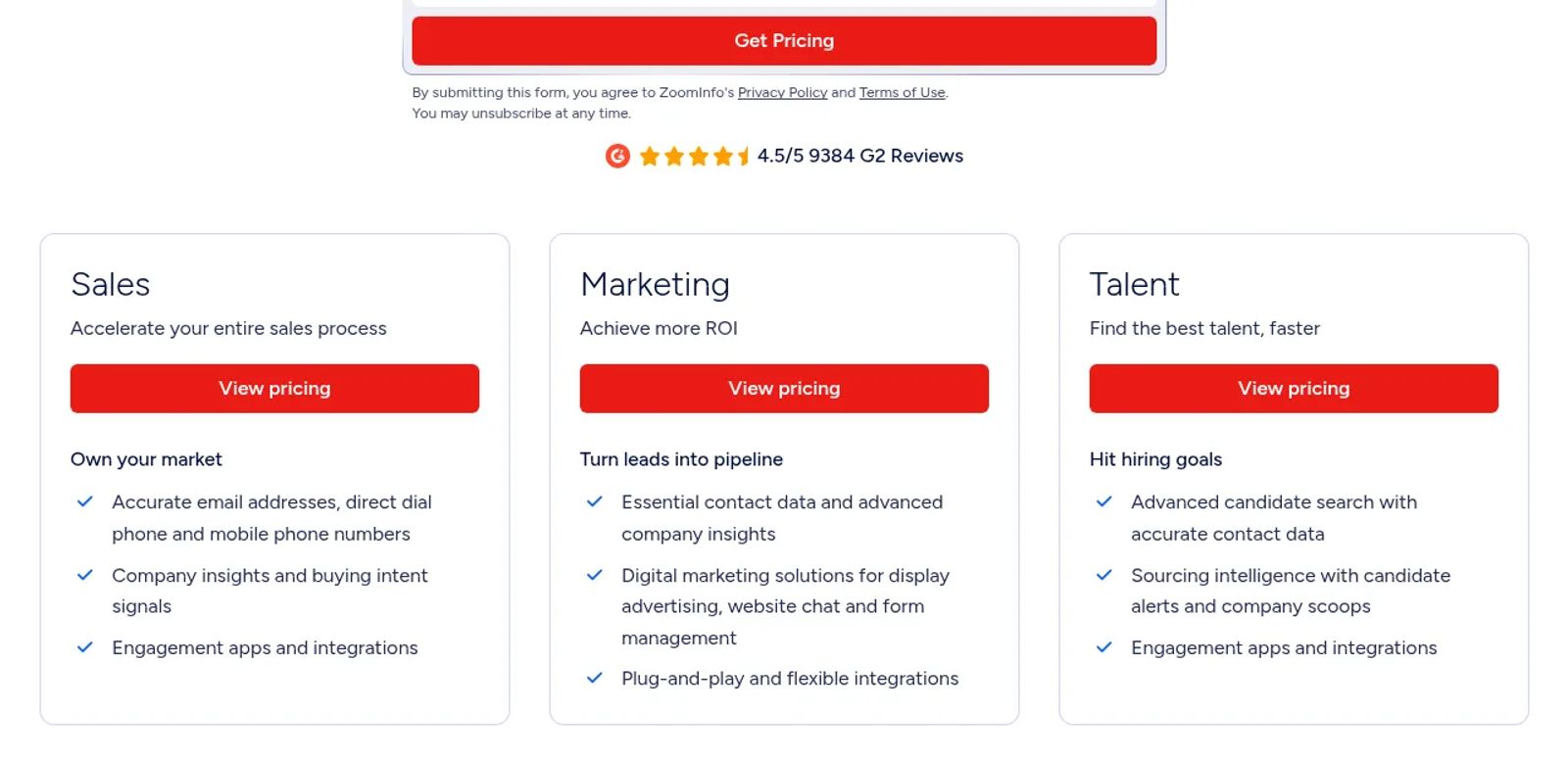 ZoomInfo pricing page showing its Sales, Marketing and Talent packages, each with a View pricing button instead of a price.