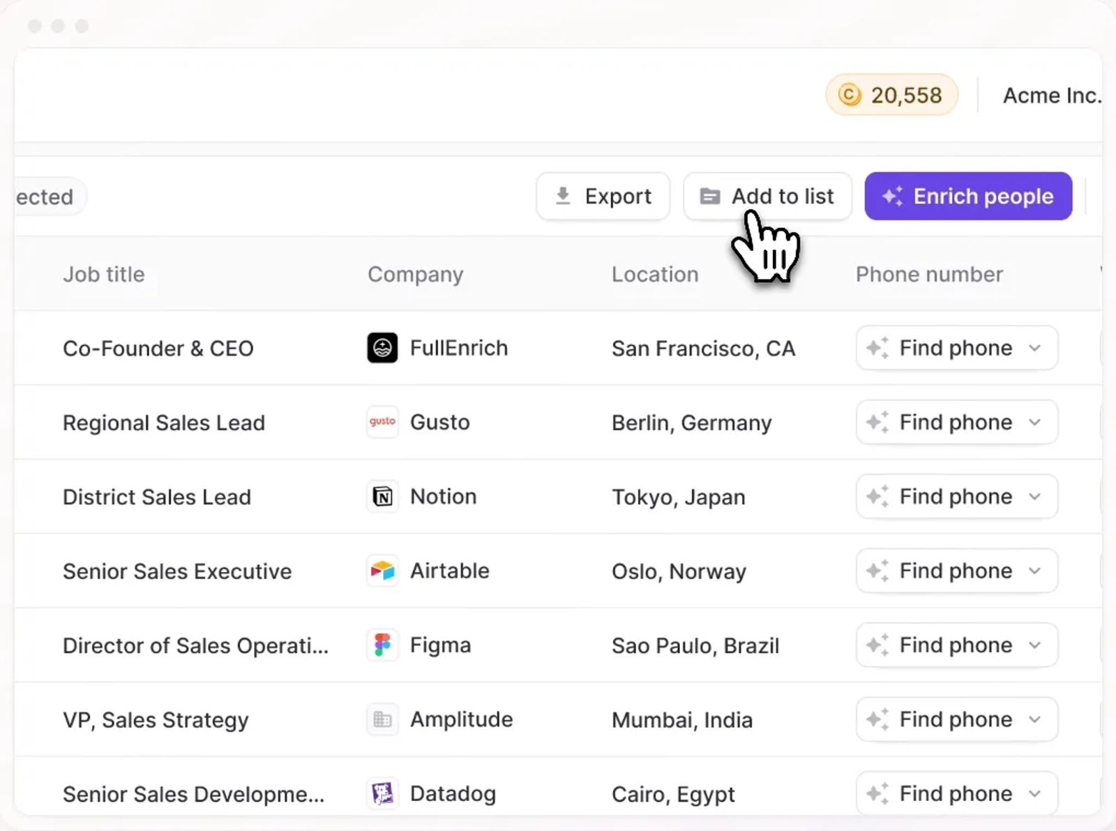 FullEnrich Search listing people by job title, company and location, with a Find phone action on each row