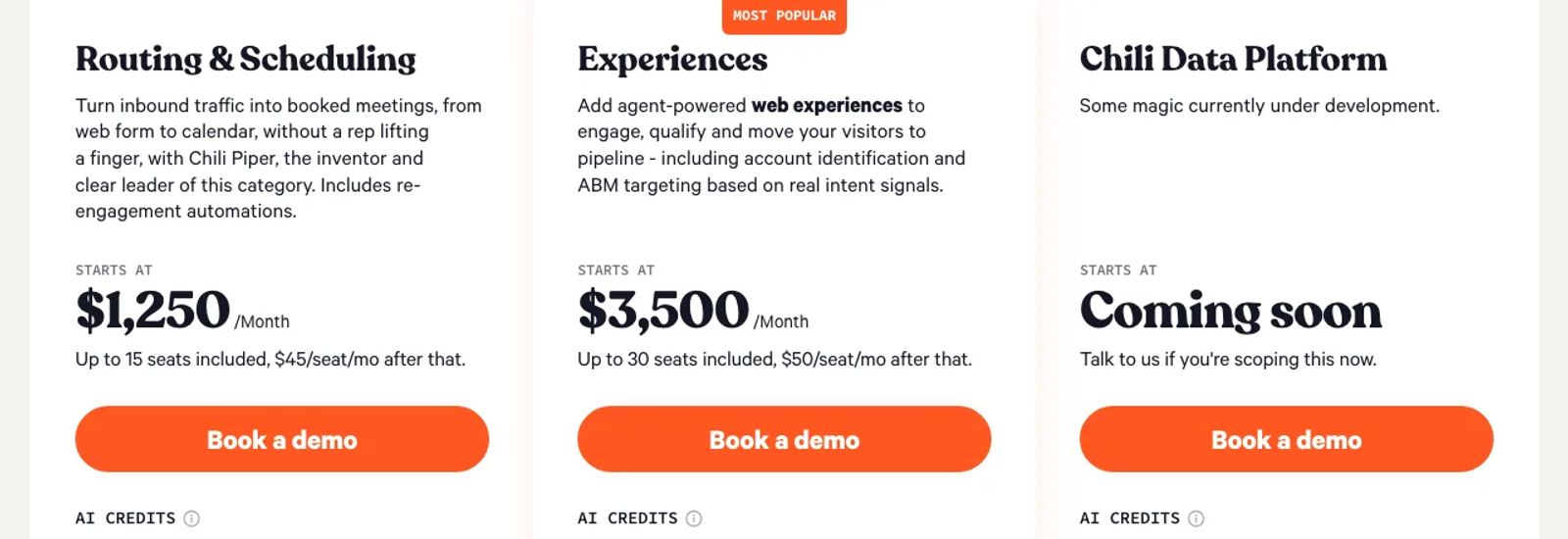 Chili Piper's pricing page with the Routing & Scheduling, Experiences and Chili Data Platform plans.