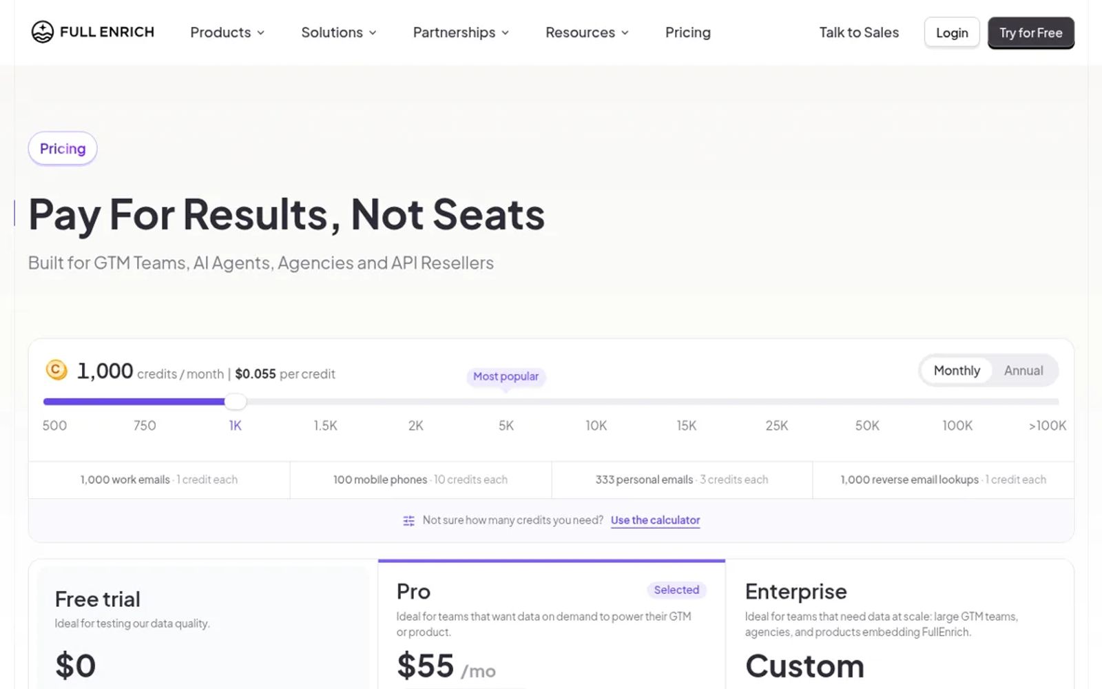 FullEnrich's pricing page with a credit slider set to 1,000 credits at $0.055 each, next to the free trial at $0, Pro at $55 a month and custom Enterprise pricing.