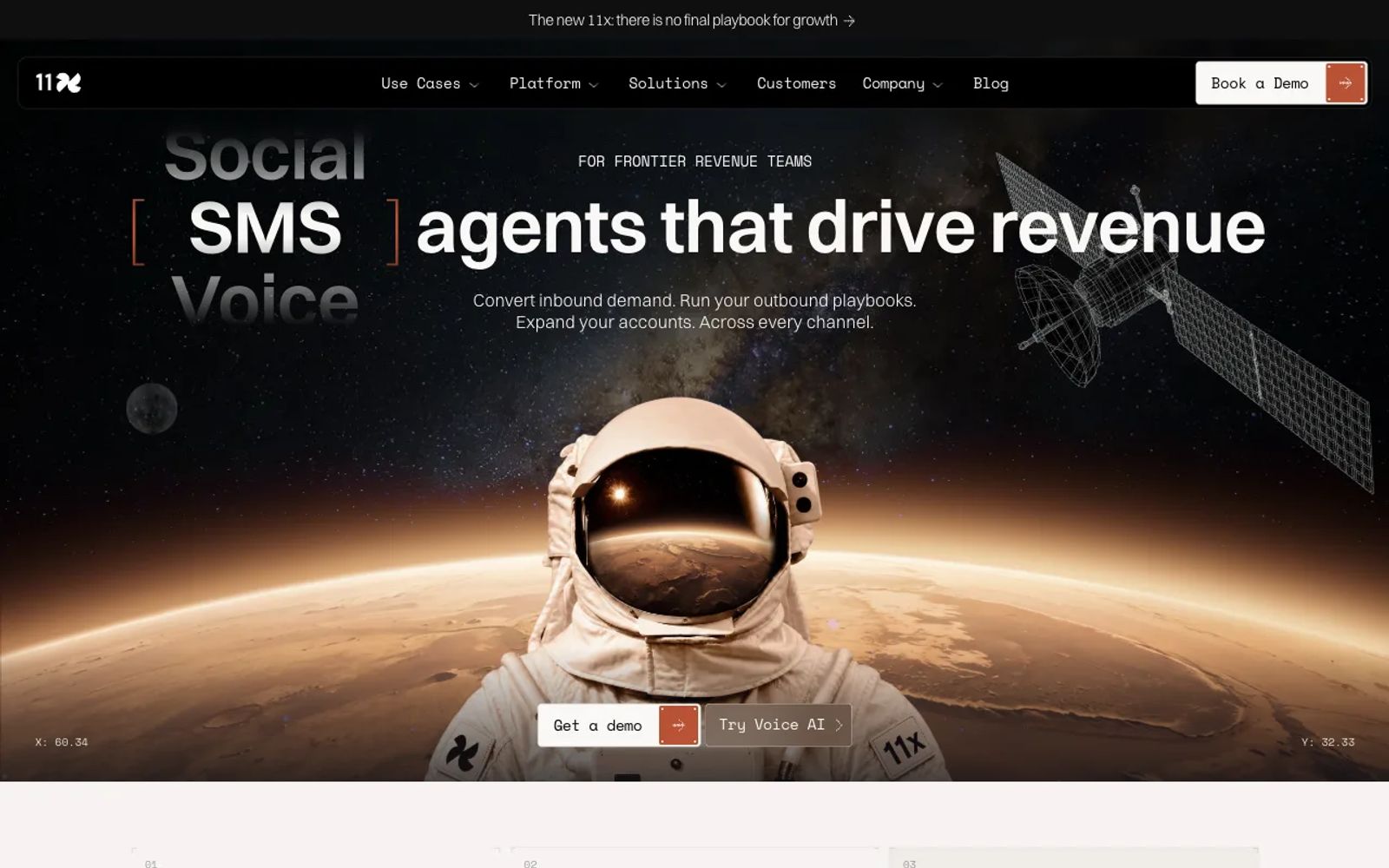 The 11x homepage for its AI SDR agents, with a headline about social, SMS and voice agents that drive revenue.