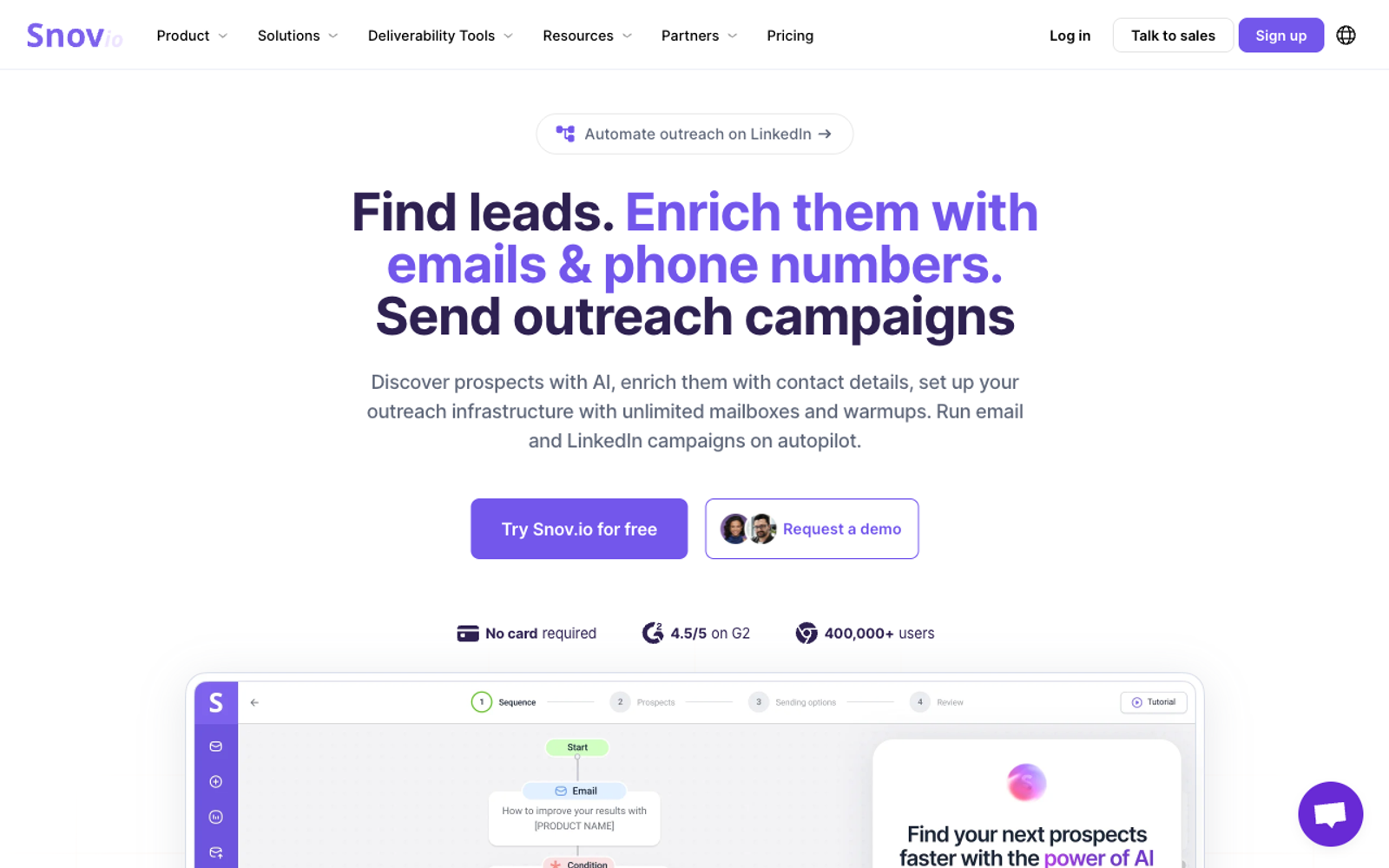 Snov.io homepage, screenshot captured 24 September 2026.