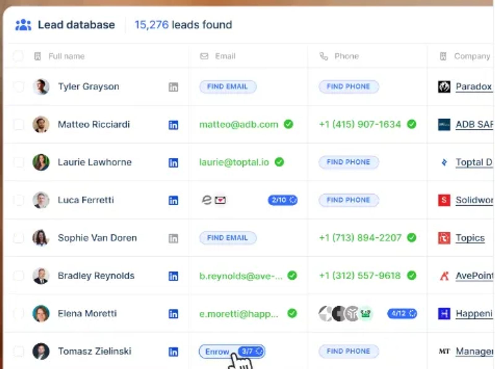 lemlist lead database with find-email and find-phone actions on each row