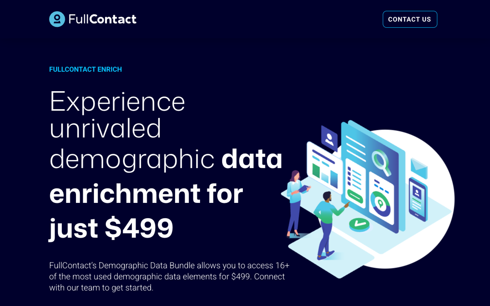 FullContact's Enrich page offering its demographic data bundle for $499 with 5,000 matches every month.