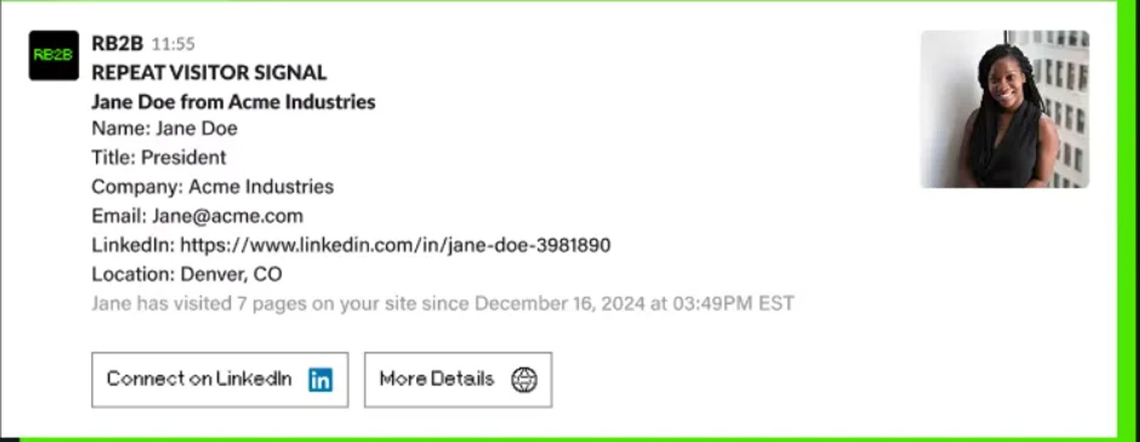 An RB2B Slack alert naming a repeat website visitor with title, company and LinkedIn profile