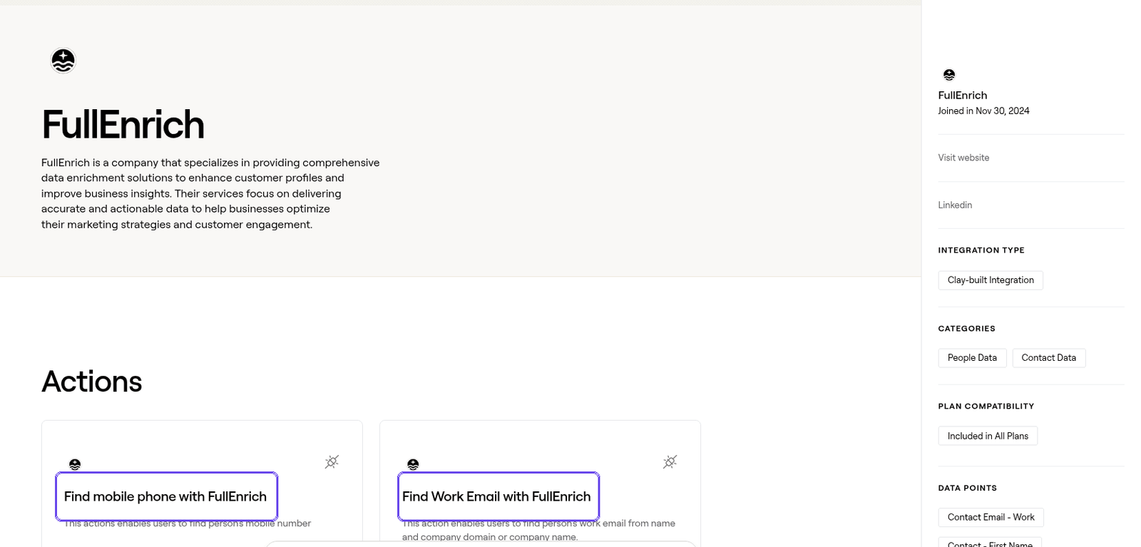 Clay's FullEnrich integration page showing a Clay-built integration joined November 2024 with find mobile phone and find work email actions highlighted, included in all plans