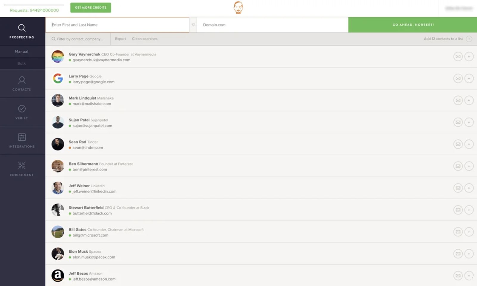 Voila Norbert's name and domain search box above a list of found contacts, as shown on its G2 listing.