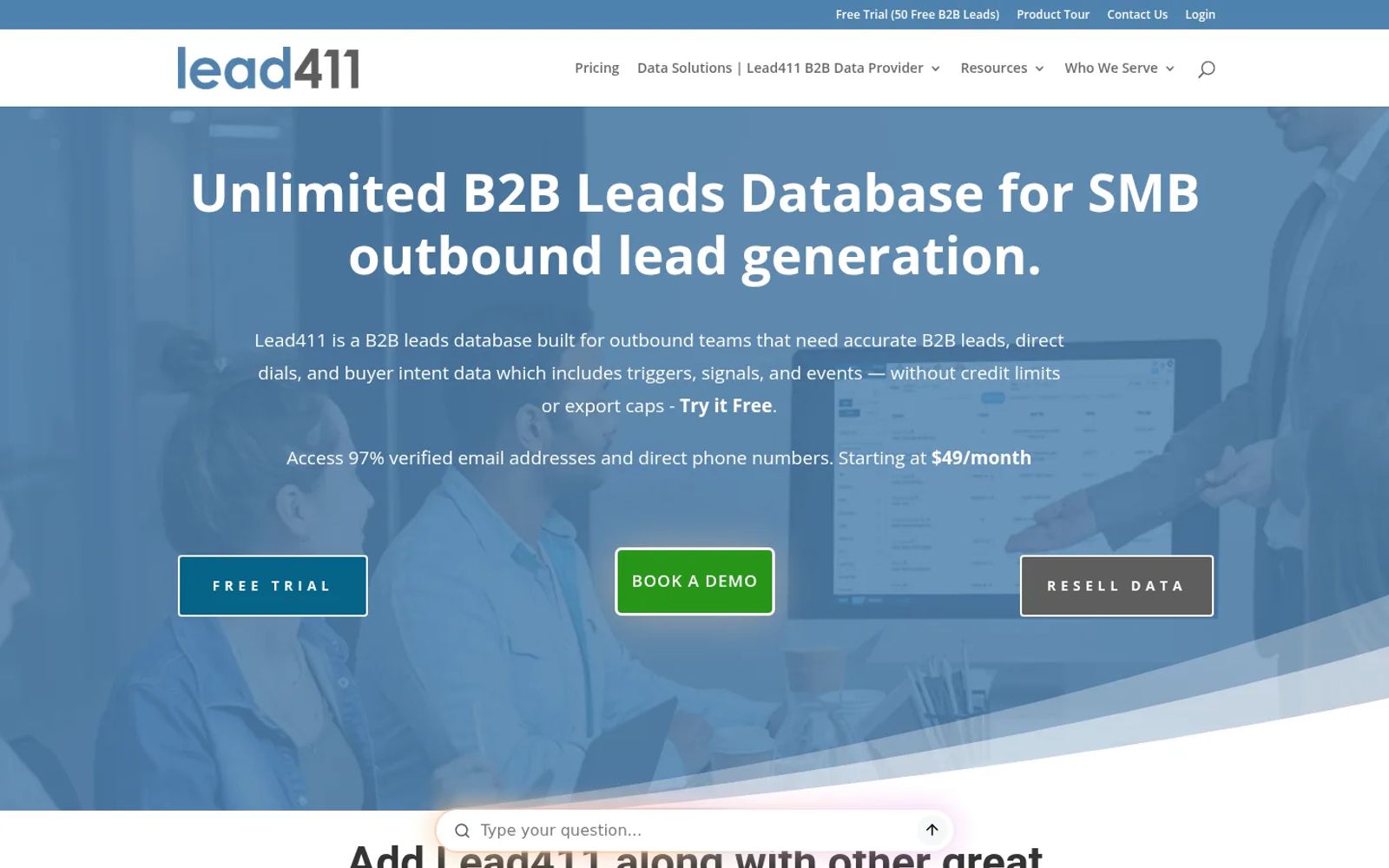 Lead411 homepage promising unlimited leads for SMB outbound, with a starting price of $49 a month