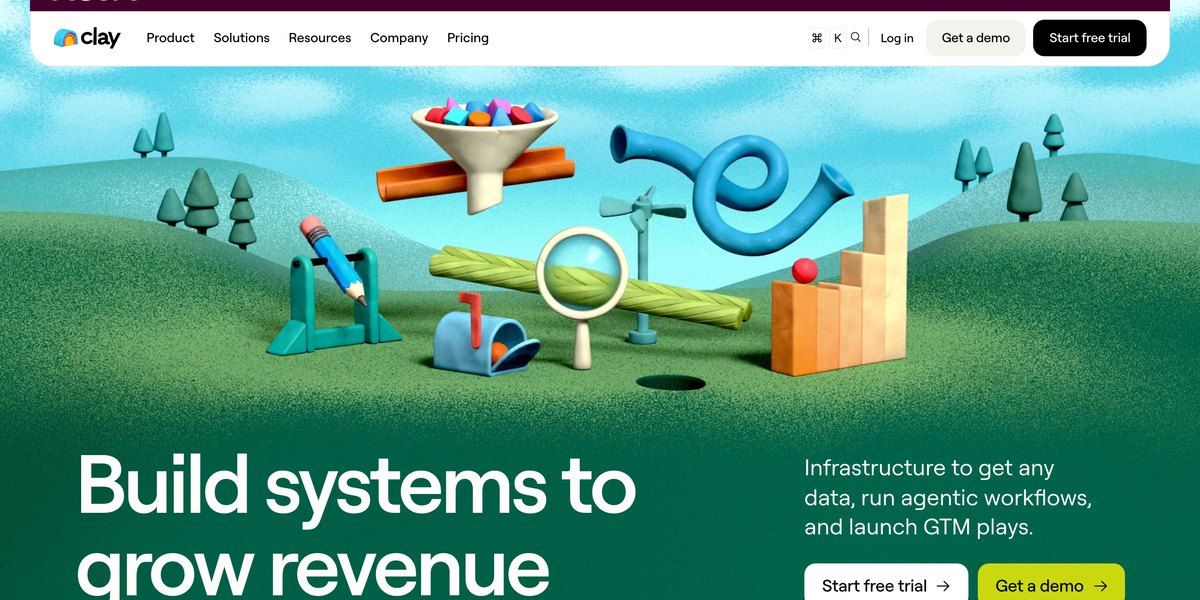 Clay's home page headline reads Build systems to grow revenue, over a clay-style illustration of green hills, a funnel and a magnifying glass, with Start free trial and Get a demo buttons.