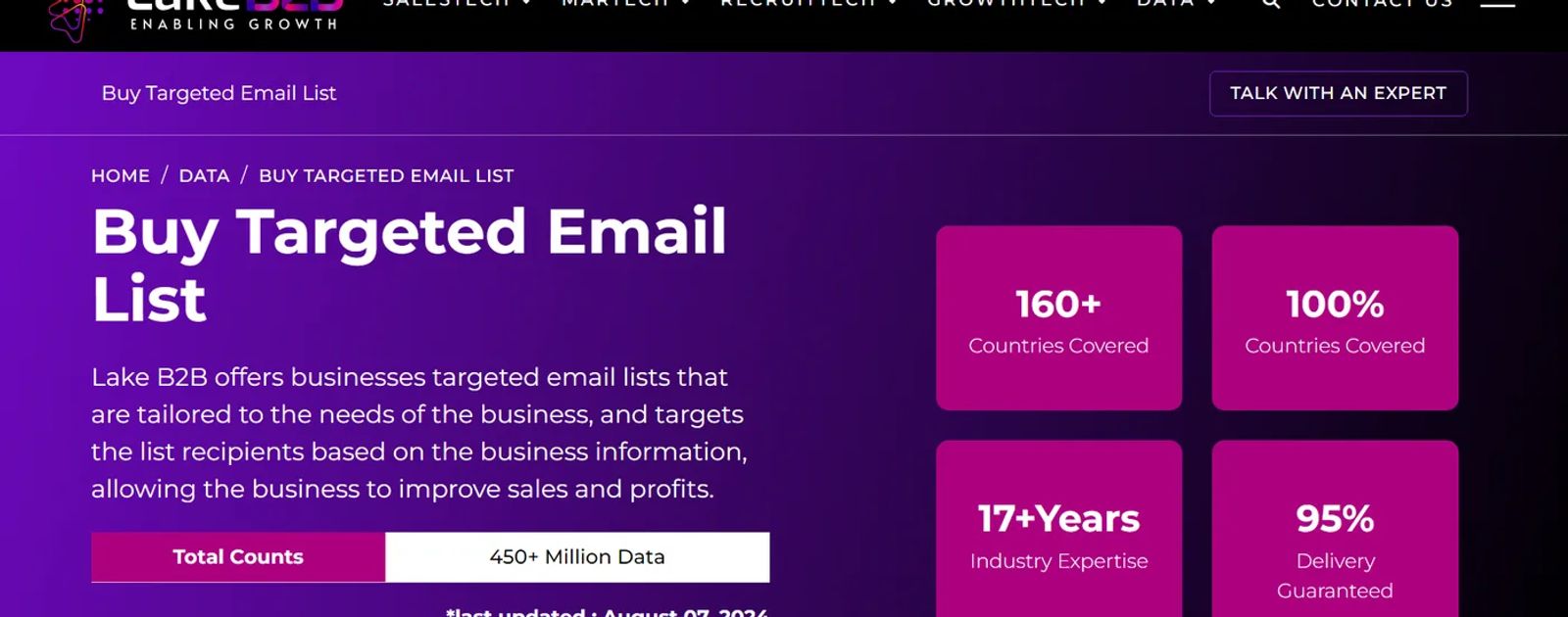 Lake B2B web page titled Buy Targeted Email List, with the seller's own stat tiles for countries covered, years of expertise, delivery and total data counts.