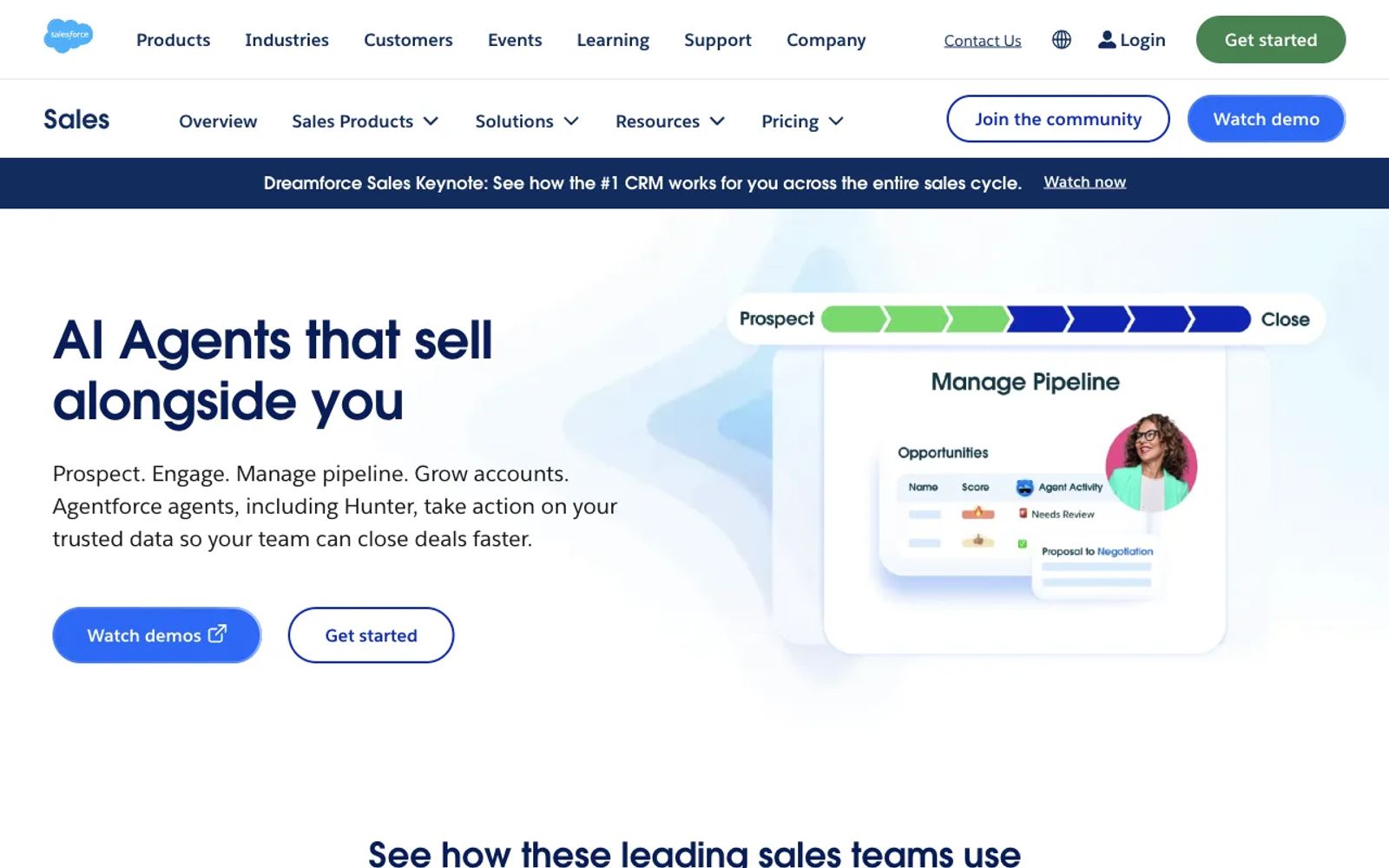 Salesforce's AI sales agent page, headlined "AI Agents that sell alongside you."