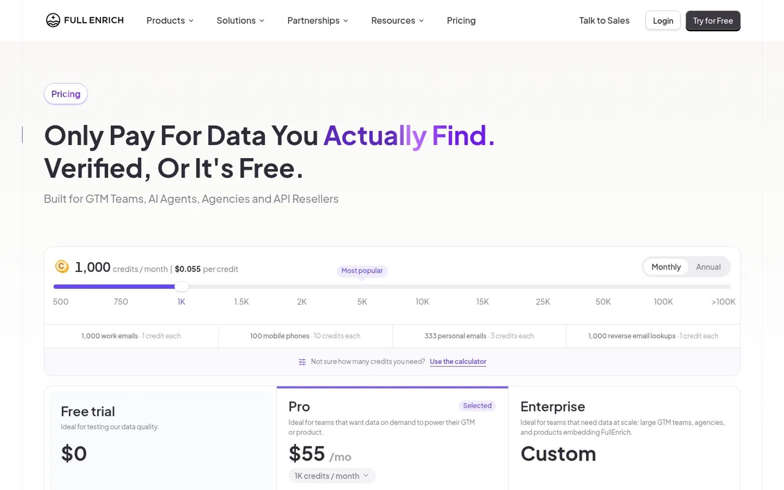 FullEnrich pricing plans with the credit slider at 1,000 monthly credits for $55