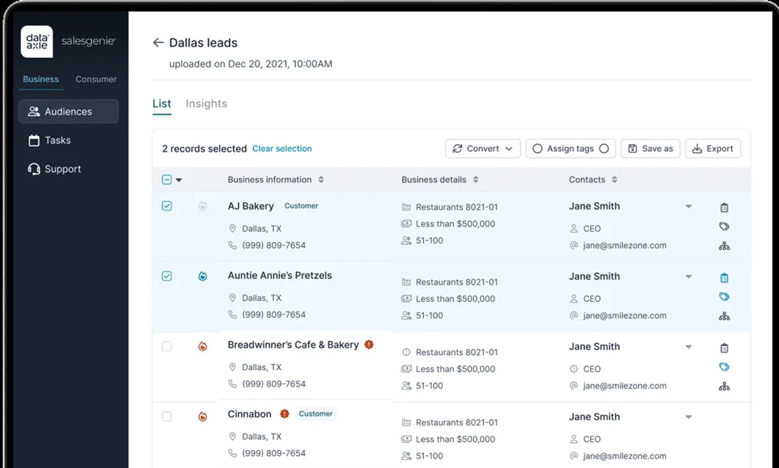 Salesgenie lead list view for Dallas leads, with two bakery records selected and Convert, Assign tags, Save as and Export buttons above the rows.