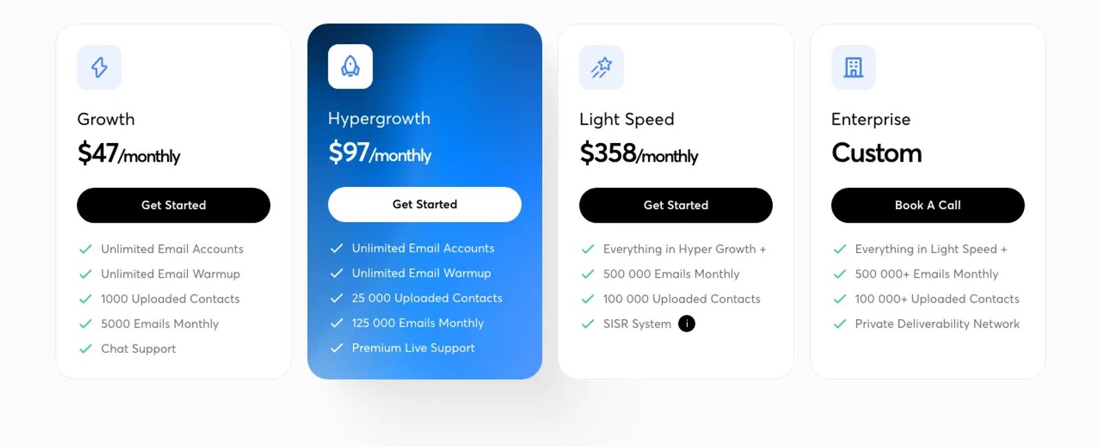 Instantly's pricing page showing the Growth, Hypergrowth, Light Speed and Enterprise outreach plans.