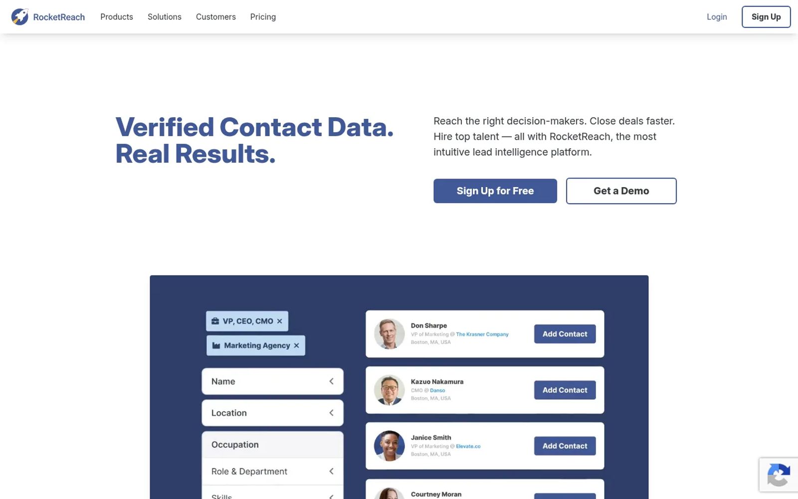 RocketReach homepage for its verified contact data, with a people search filtered by VP, CEO, CMO and marketing agency