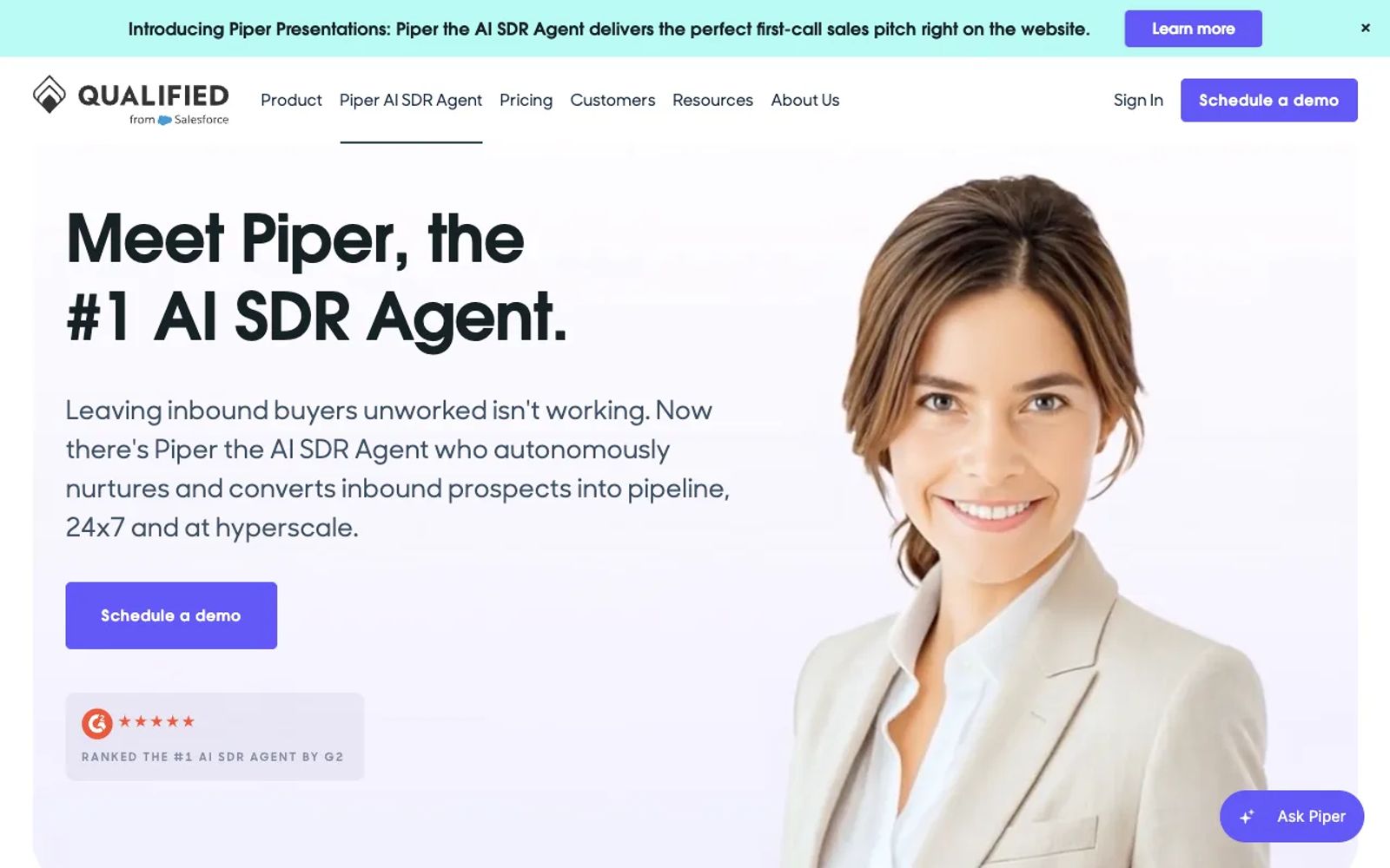 Qualified's Piper page, introducing Piper as an AI SDR agent for website visitors.