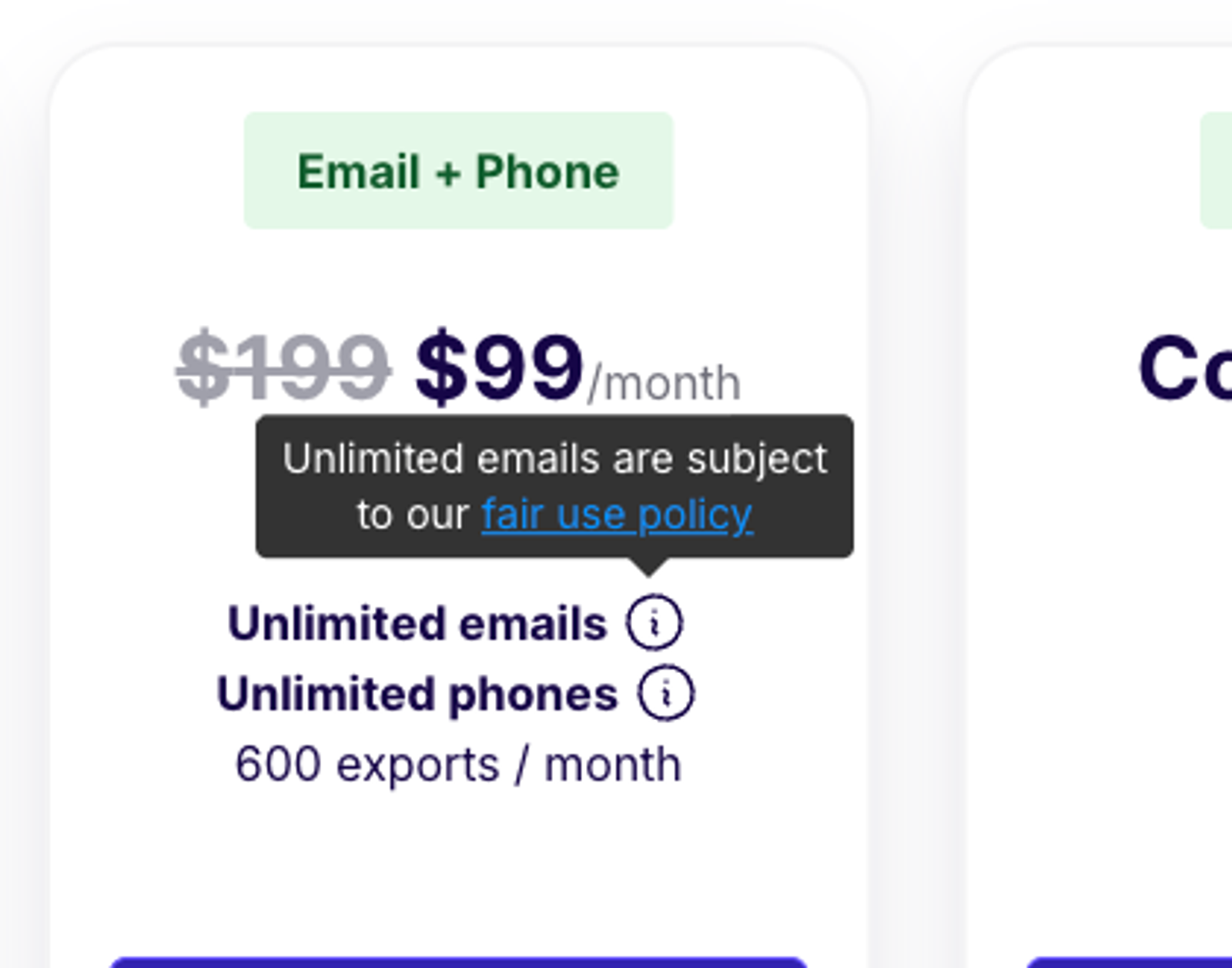 Tooltip on ContactOut's Email + Phone card reading Unlimited emails are subject to our fair use policy.